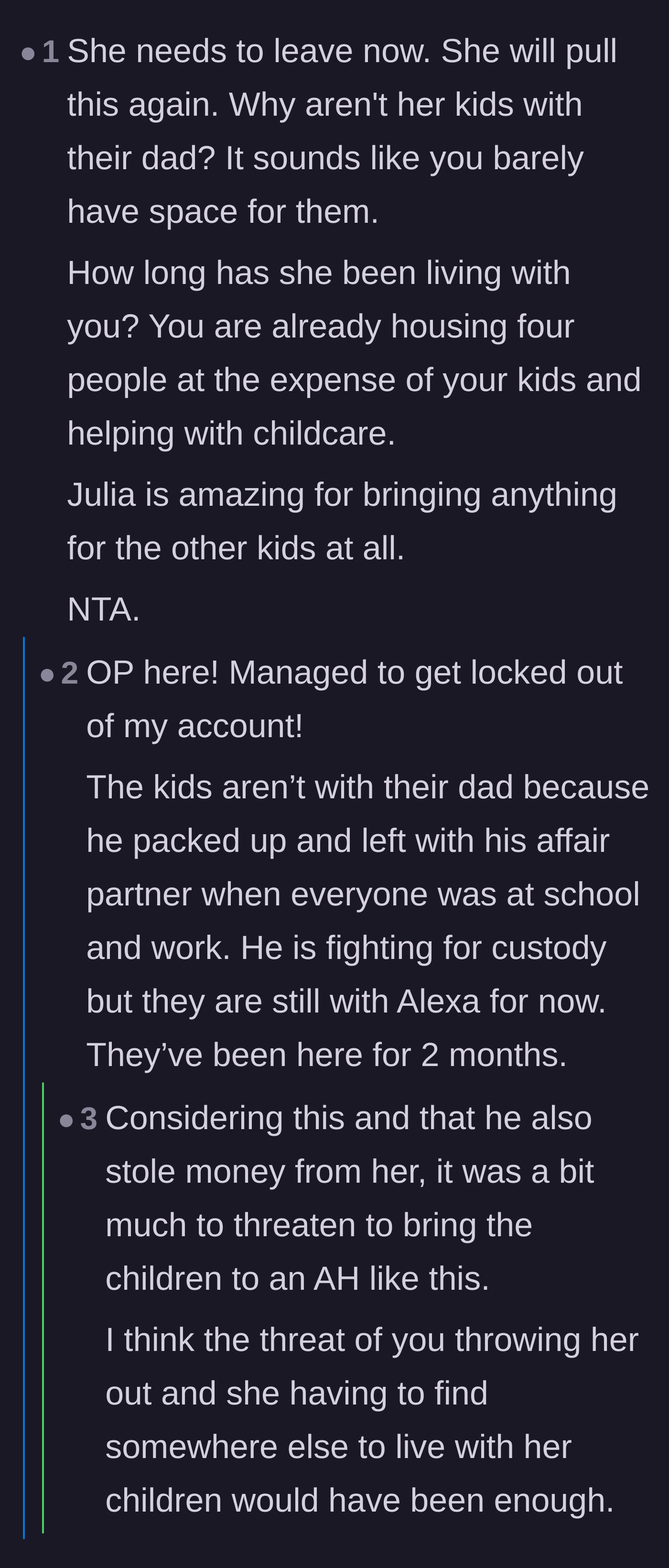 Comment thread where the author reveals the houseguest's ex-husband had an affair and stole money, sparking a debate on the custody threat.