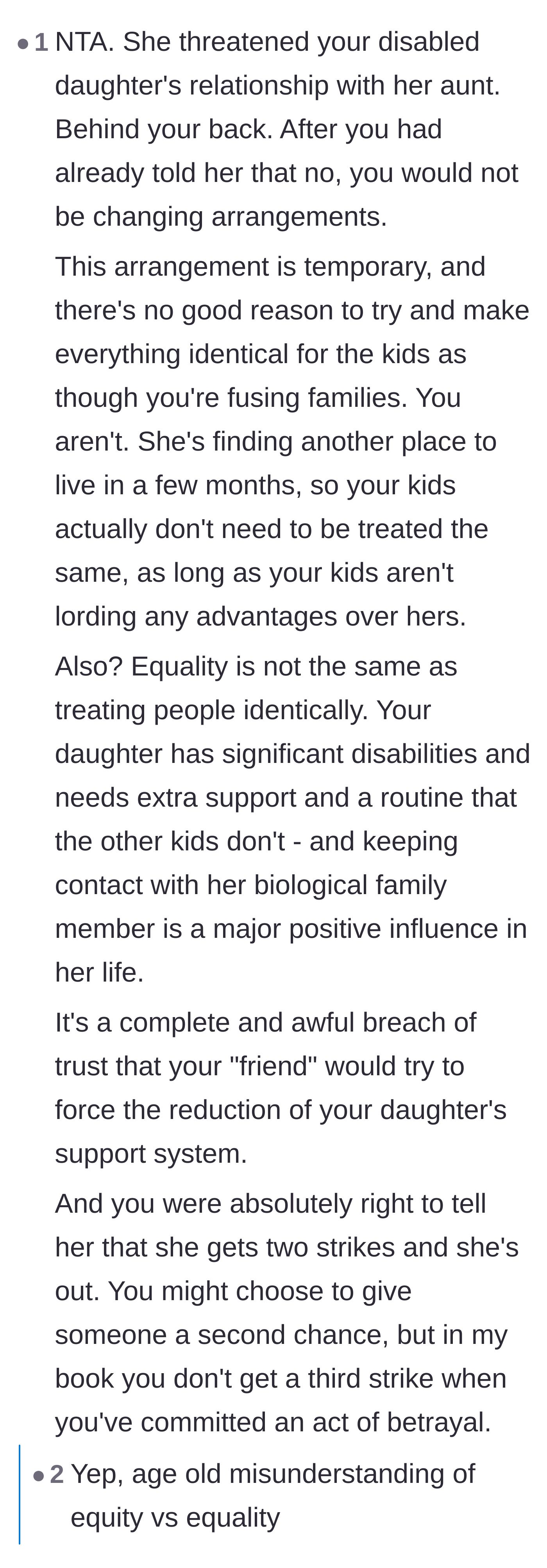 Comment thread breaking down the difference between equity and equality regarding the special needs daughter's support system.