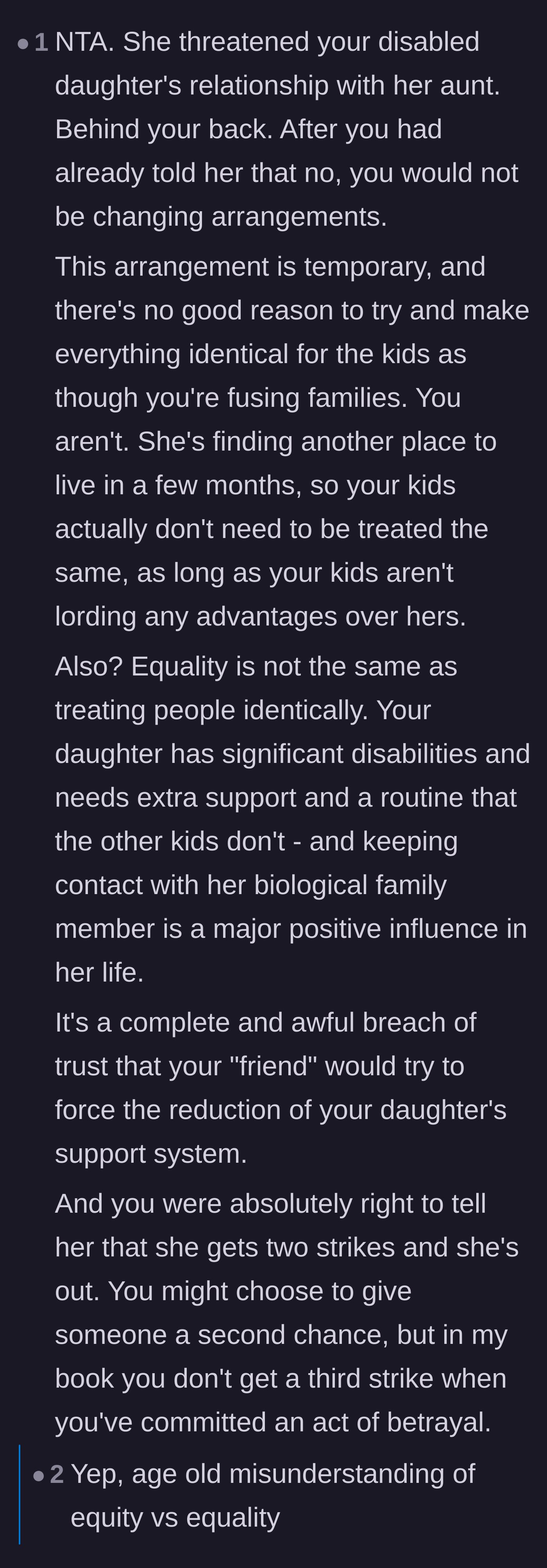 Comment thread breaking down the difference between equity and equality regarding the special needs daughter's support system.