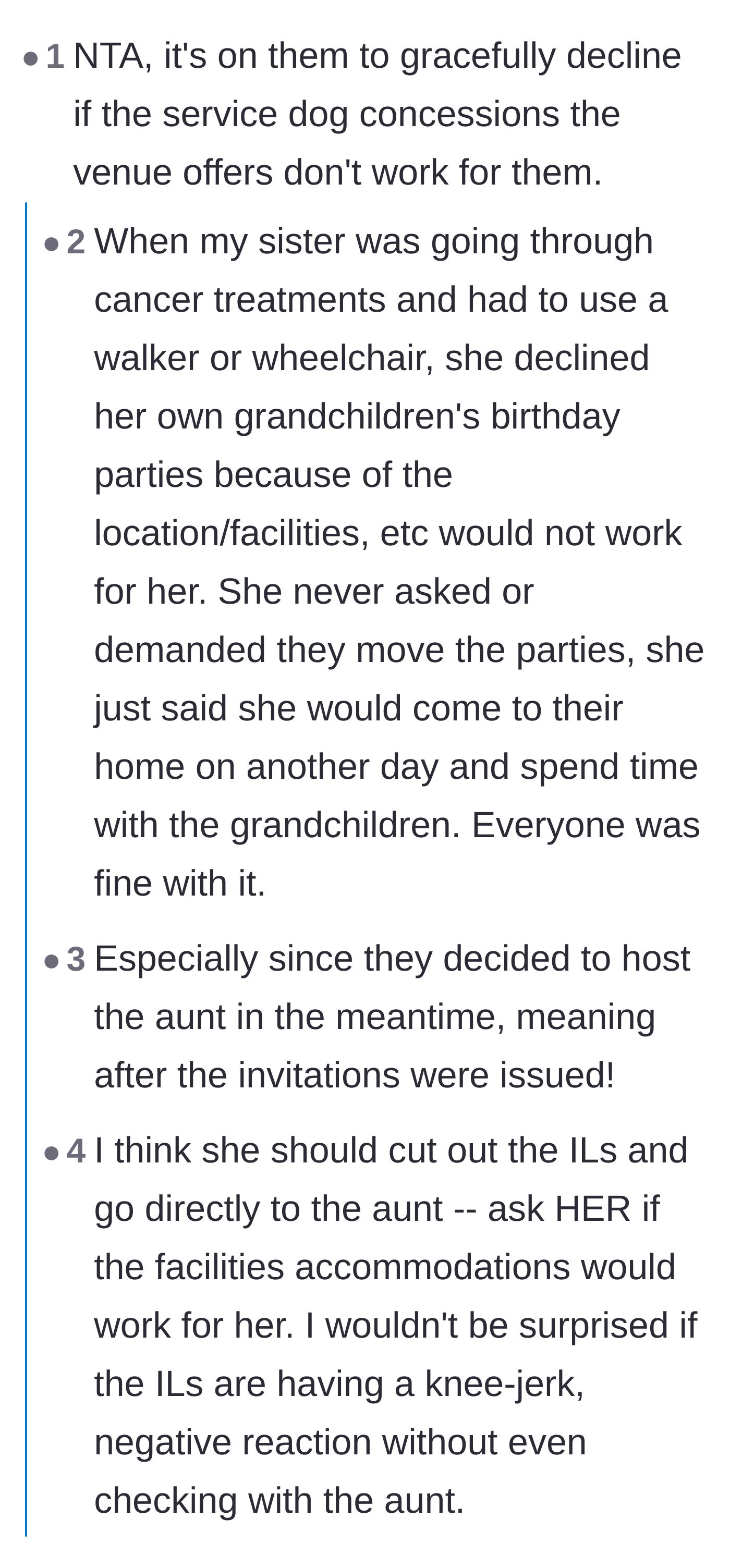Comment thread sharing a story about a gracious family member politely declining an event instead of making demands