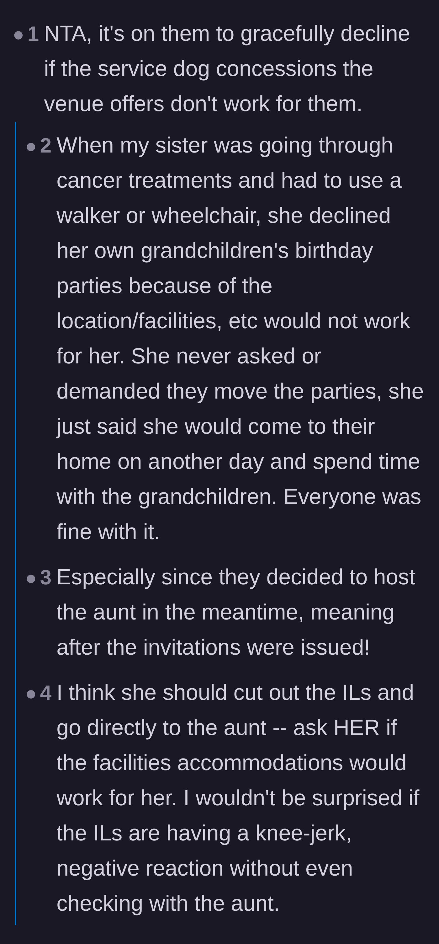 Comment thread sharing a story about a gracious family member politely declining an event instead of making demands