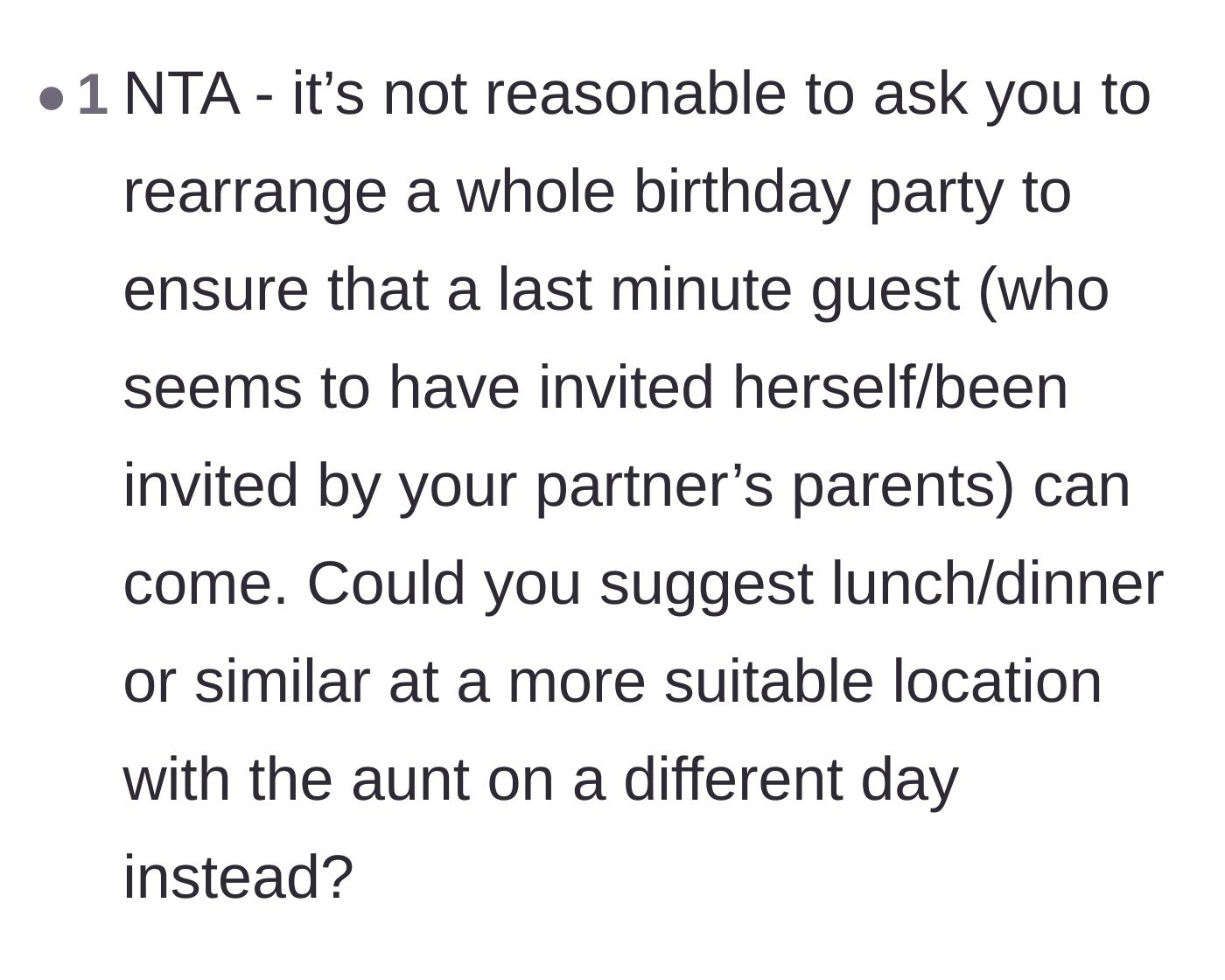 Comment thread agreeing that suggesting a separate dinner is the most reasonable solution