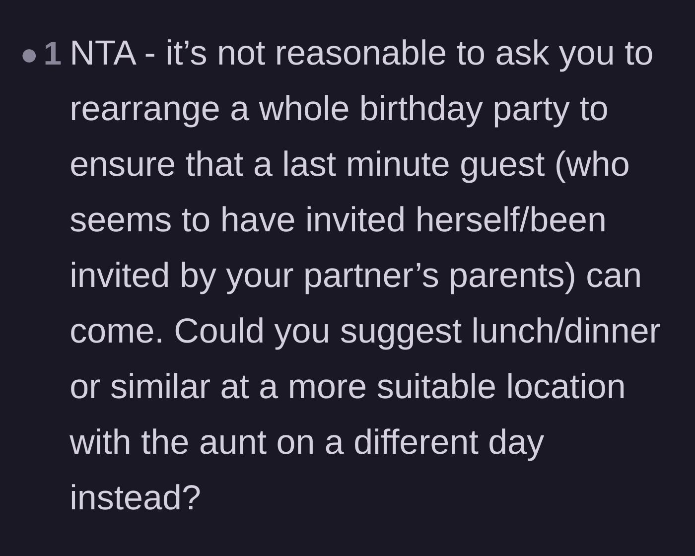 Comment thread agreeing that suggesting a separate dinner is the most reasonable solution