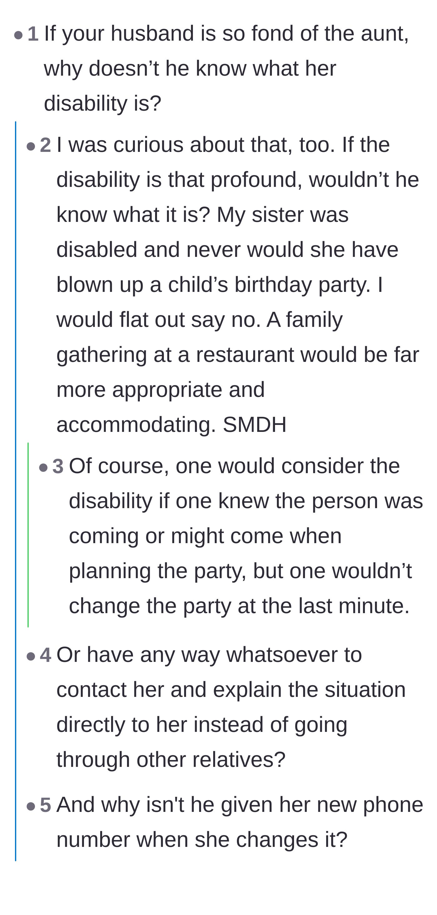 Comment thread questioning the husband's close relationship with the aunt since he doesn't know her disability or phone number