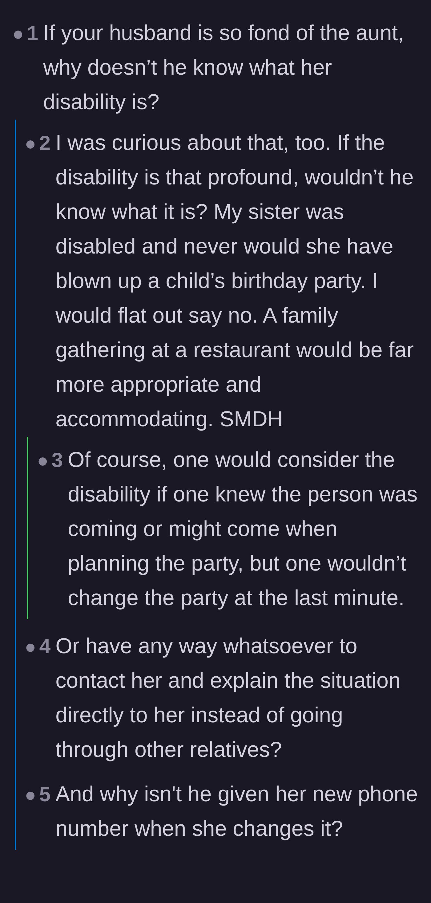 Comment thread questioning the husband's close relationship with the aunt since he doesn't know her disability or phone number