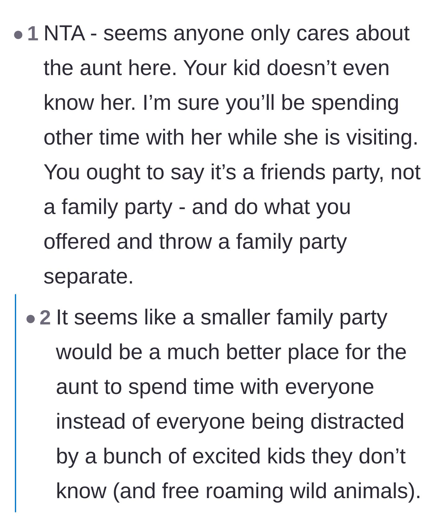Comment thread suggesting making the zoo a friends-only party and having a quiet family gathering later