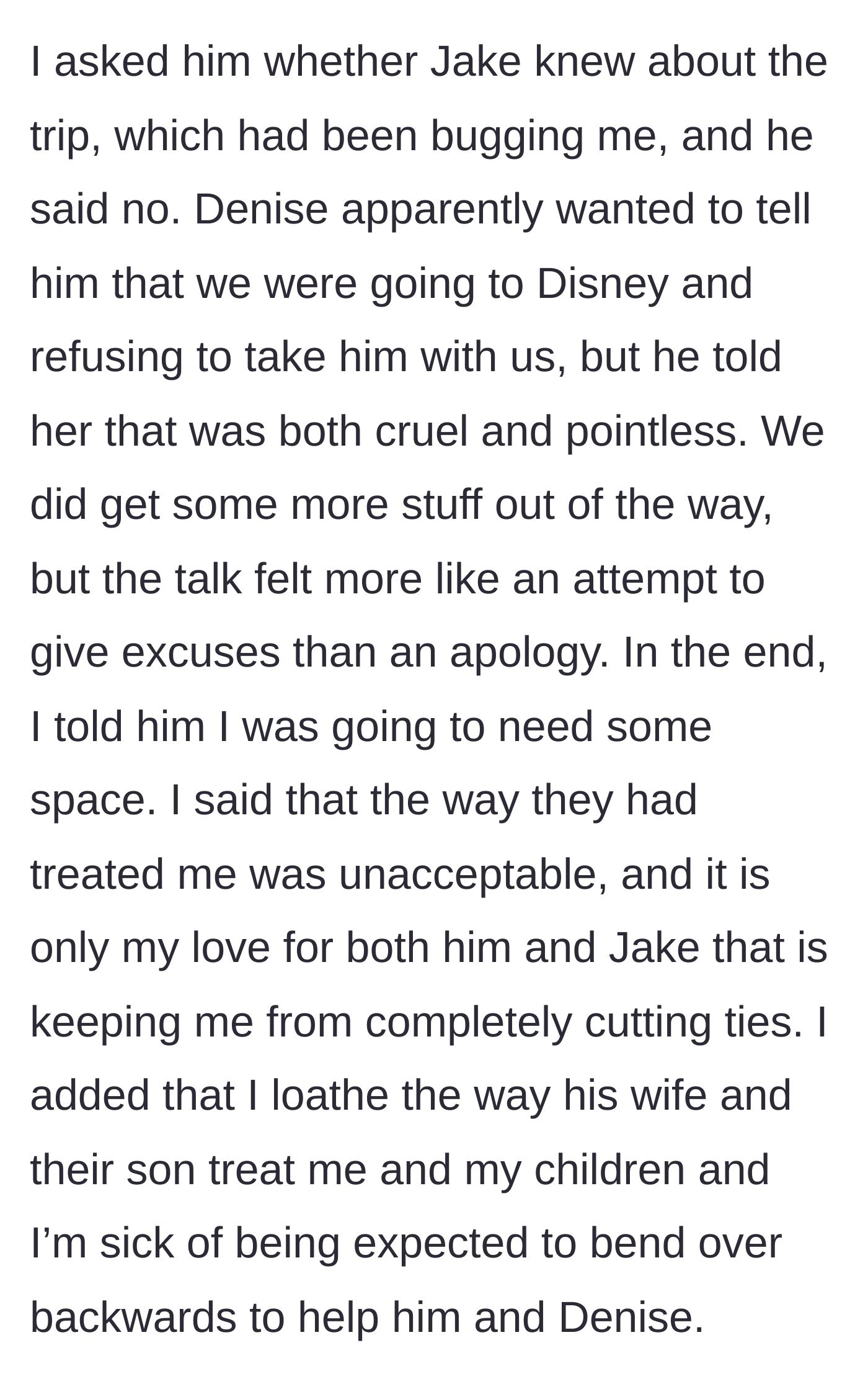 Story part 4 - A phone call reveals the stepmom wanted to deliberately hurt her own son by telling him he couldn't go to Disney, just to spite the main character.