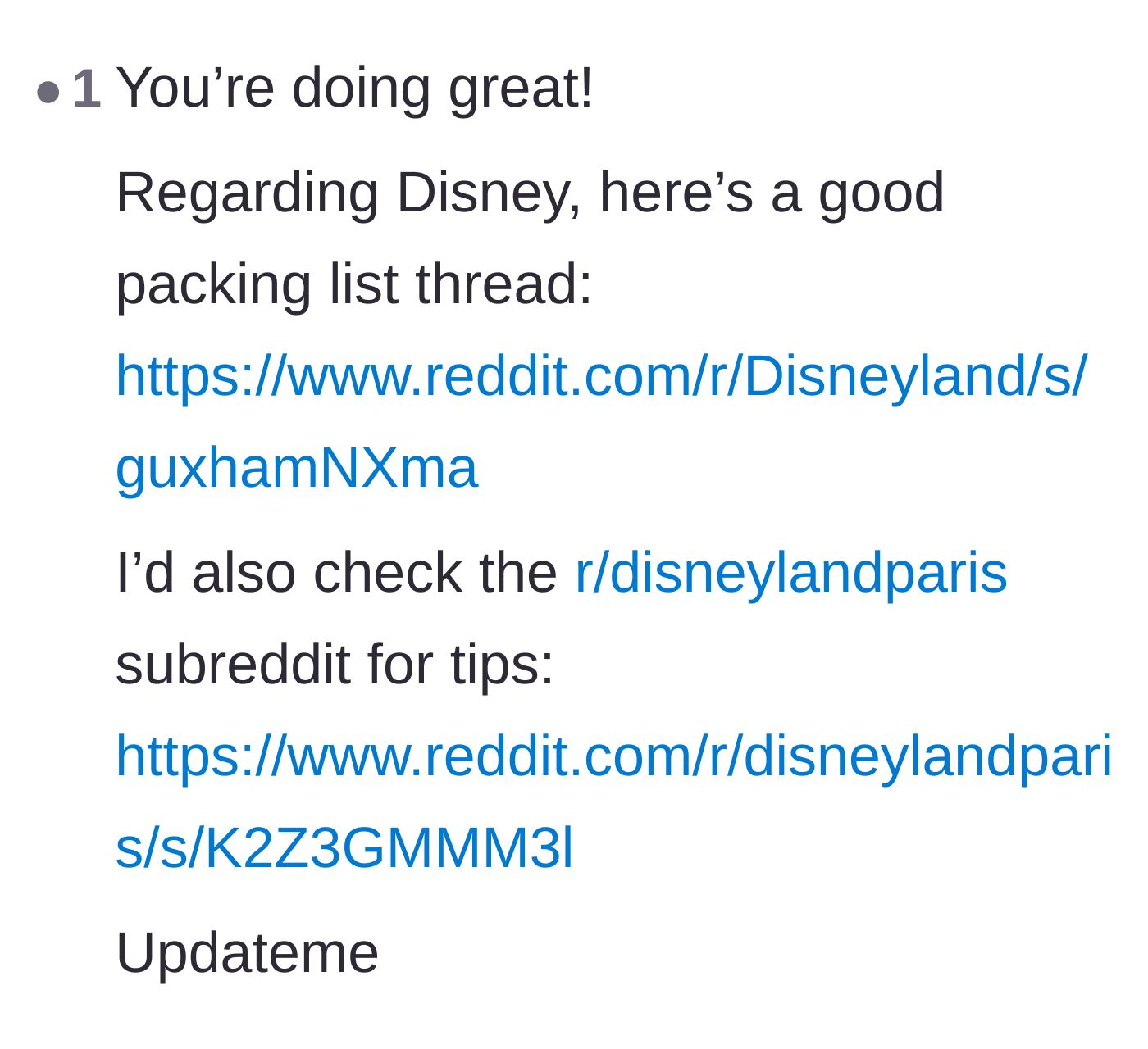 Comment thread 4 - Helpful readers pivoting to share links for Disneyland packing lists and planning forums.