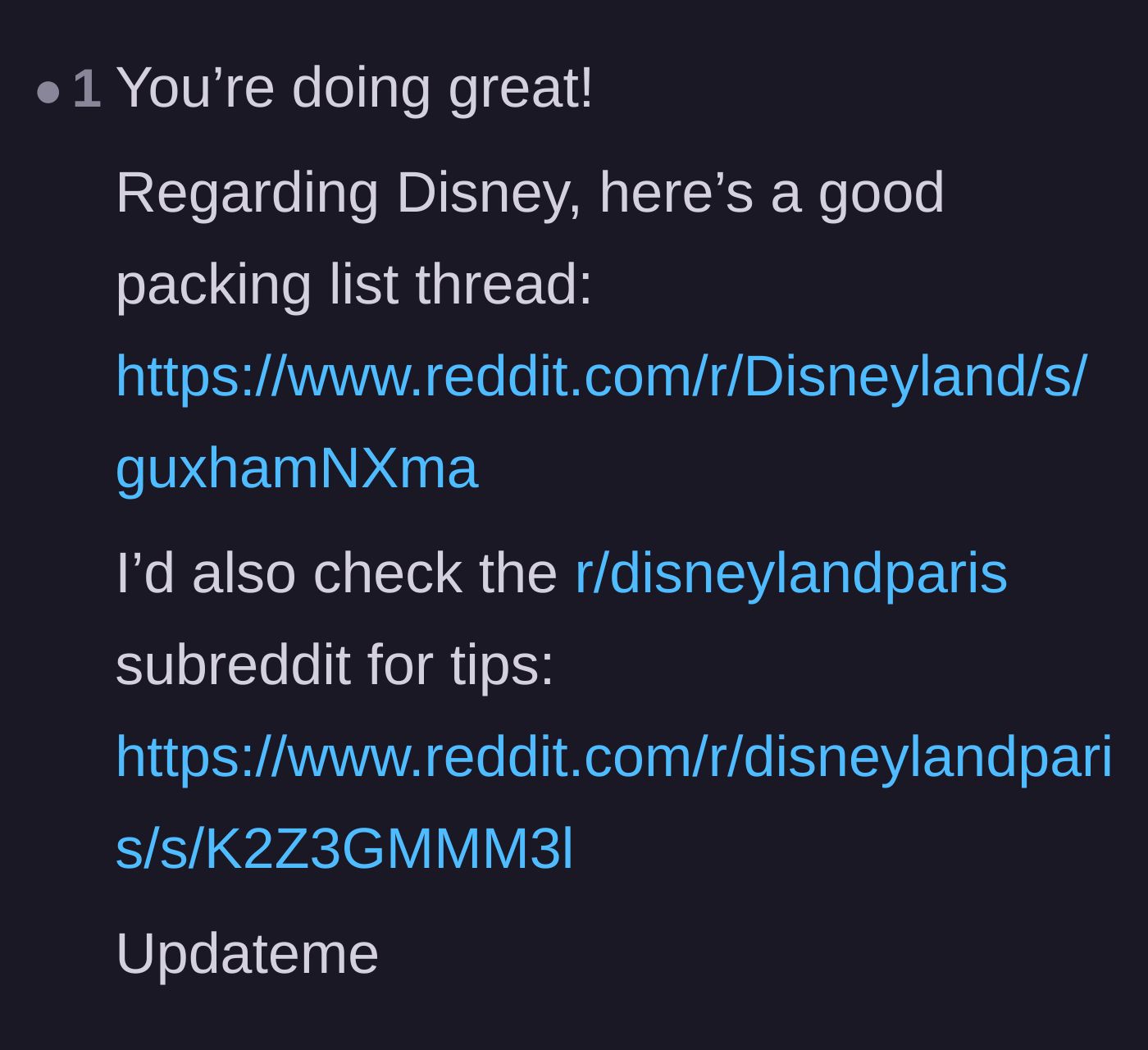 Comment thread 4 - Helpful readers pivoting to share links for Disneyland packing lists and planning forums.