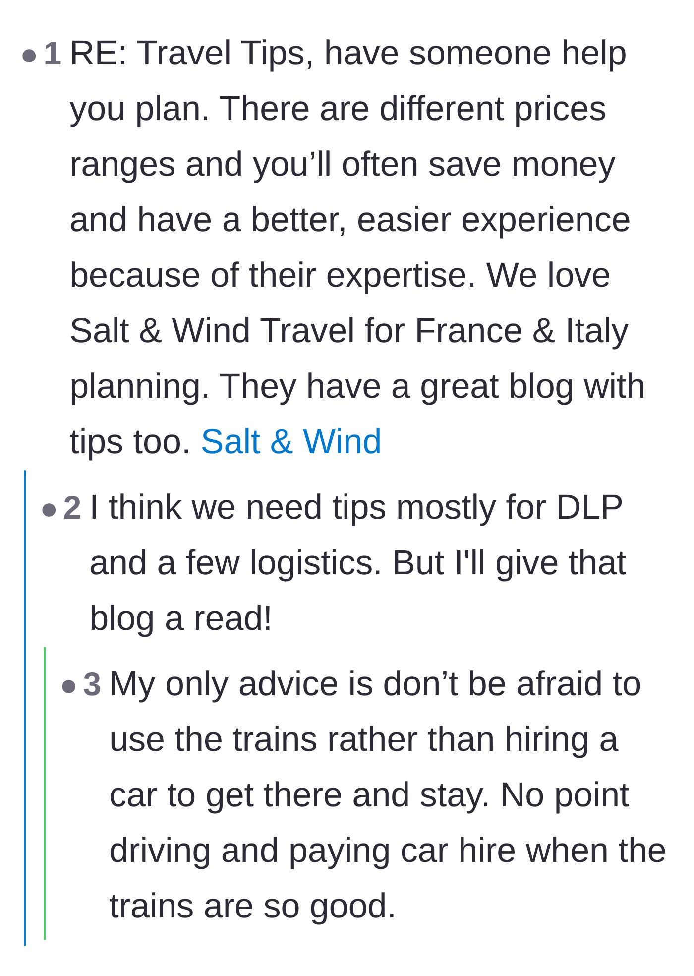 Comment thread 5 - A massive thread of readers swapping expert travel tips for navigating trains, food, and language barriers at Disneyland Paris.