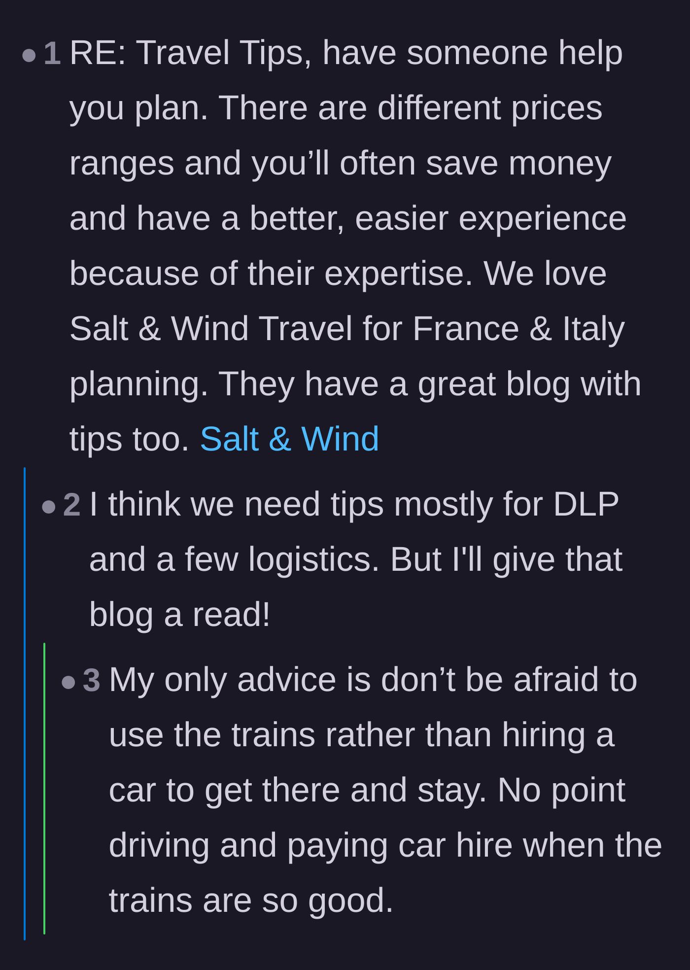 Comment thread 5 - A massive thread of readers swapping expert travel tips for navigating trains, food, and language barriers at Disneyland Paris.