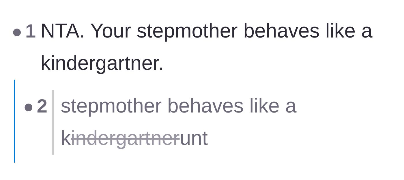 Comment thread 2 - A commenter comparing the stepmom's behavior to a spoiled toddler, with a colorful reply agreeing.