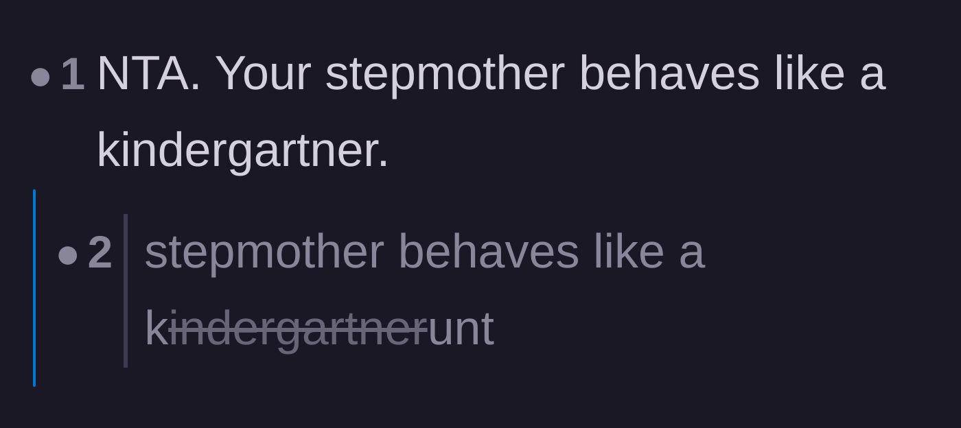 Comment thread 2 - A commenter comparing the stepmom's behavior to a spoiled toddler, with a colorful reply agreeing.
