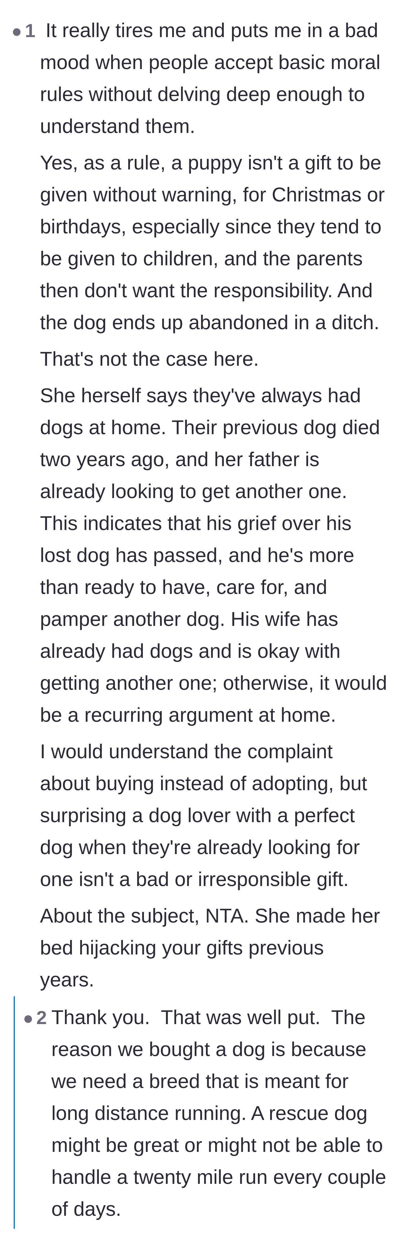 Comment thread 3 - A long discussion defending the siblings' choice to gift a puppy by highlighting their careful research and the dad's readiness.