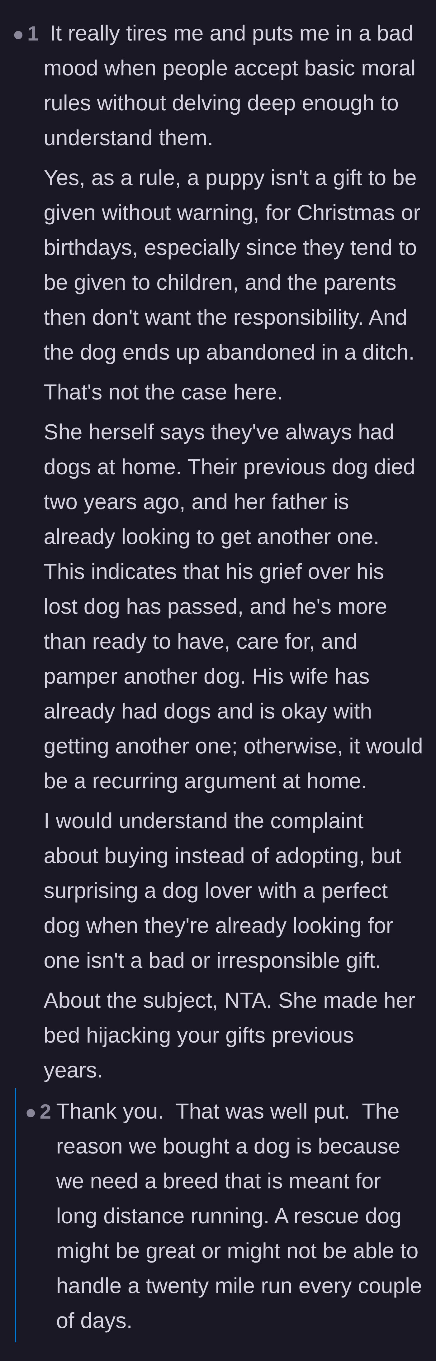 Comment thread 3 - A long discussion defending the siblings' choice to gift a puppy by highlighting their careful research and the dad's readiness.