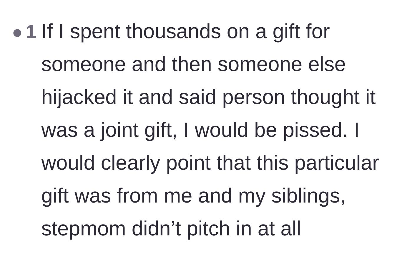 Comment thread 4 - A user expressing outrage over someone stealing credit for a group gift that cost thousands of dollars.