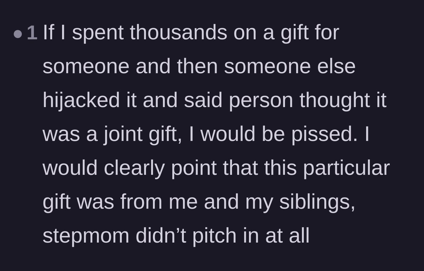 Comment thread 4 - A user expressing outrage over someone stealing credit for a group gift that cost thousands of dollars.