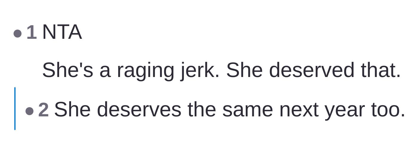 Comment thread 5 - A short exchange declaring the stepmom got exactly what she deserved and hoping she gets tricked again next year.