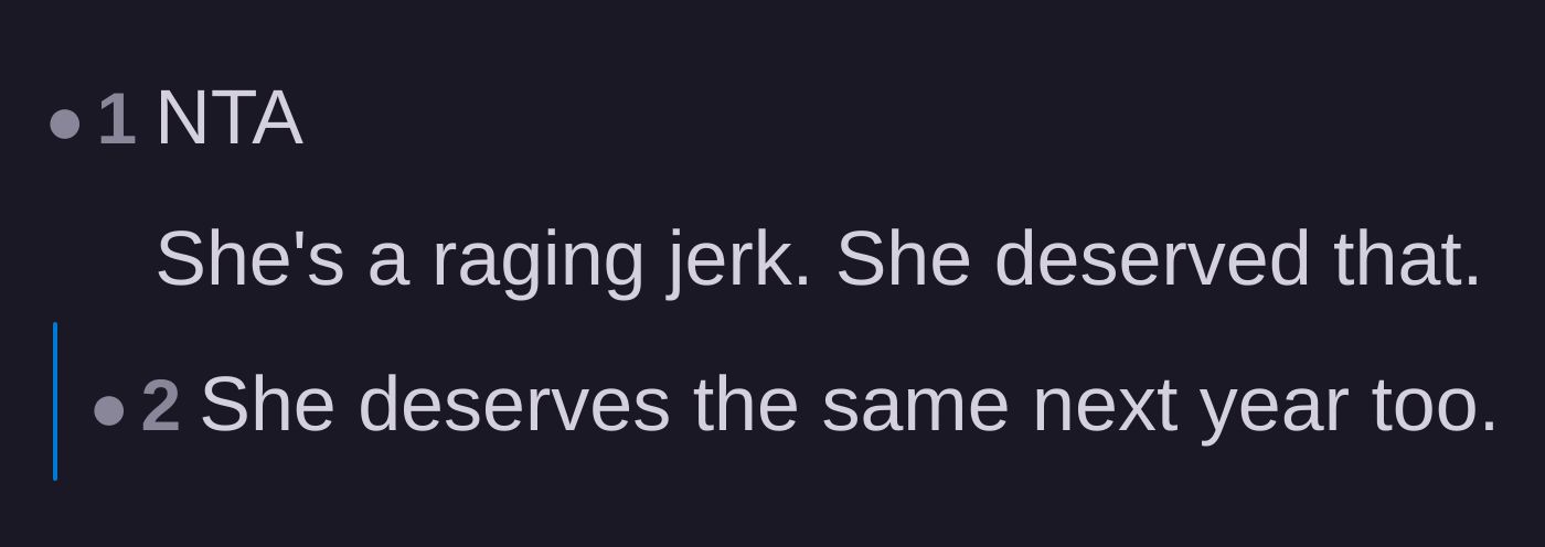 Comment thread 5 - A short exchange declaring the stepmom got exactly what she deserved and hoping she gets tricked again next year.
