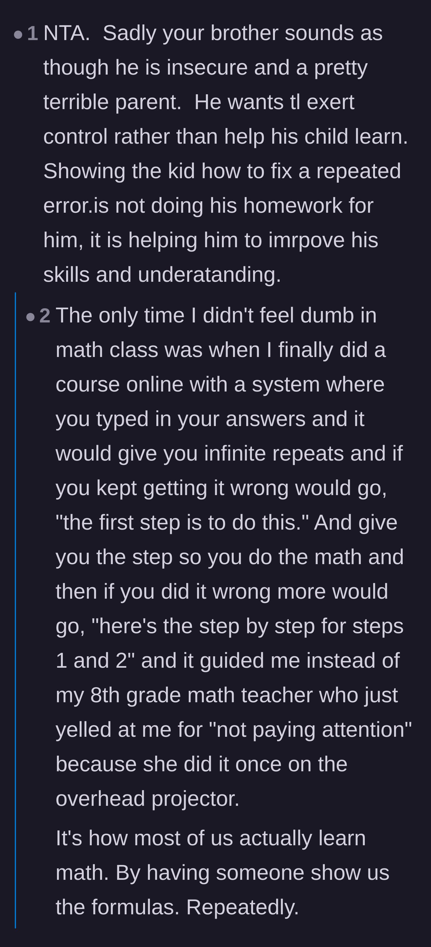 Comment thread 1 - A debate breaking down how kids actually learn math through guided correction rather than being abandoned to figure it out alone.