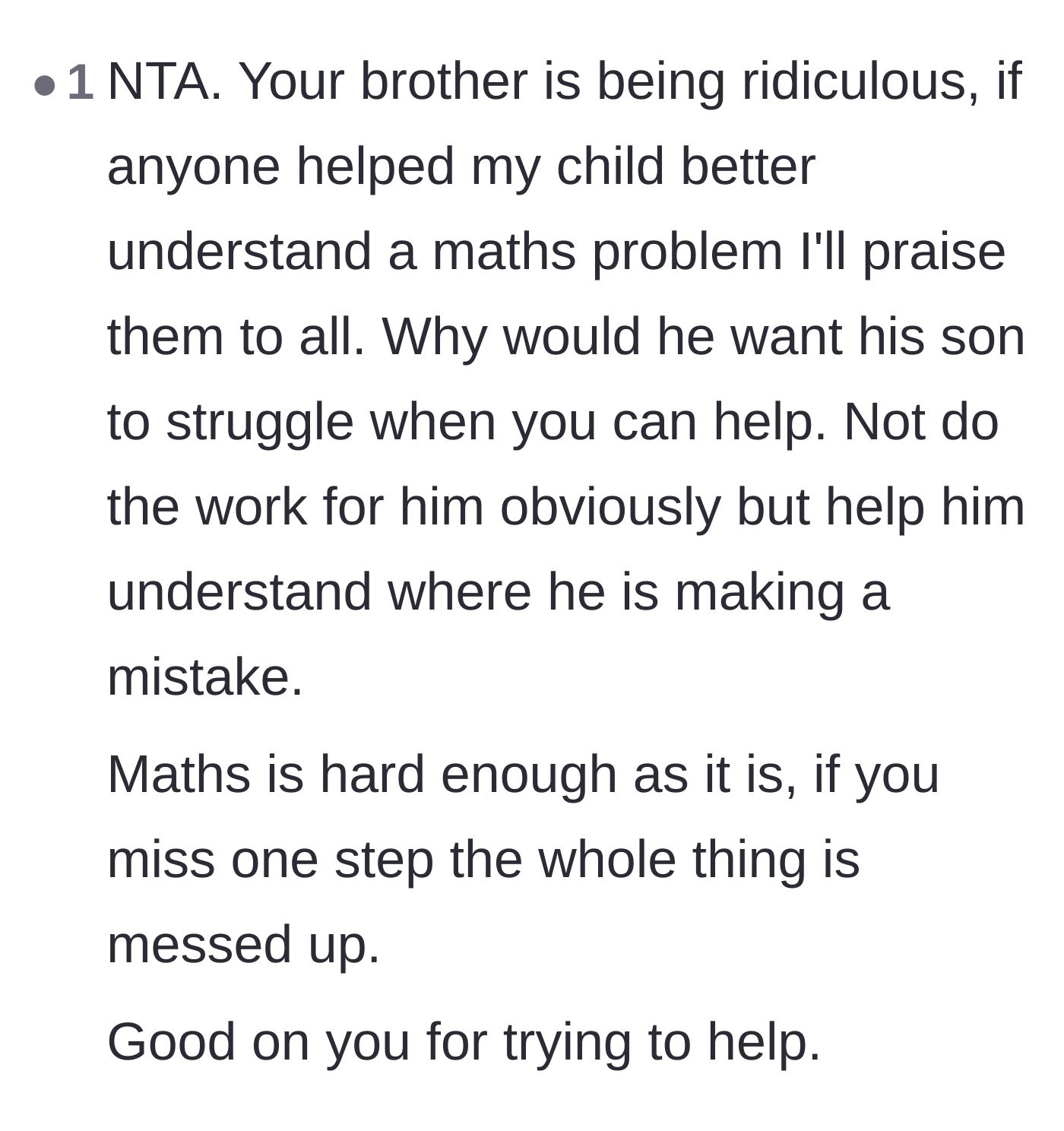 Comment thread 3 - A commenter praising the uncle for stepping in, noting how missing a single step in math ruins the whole equation.
