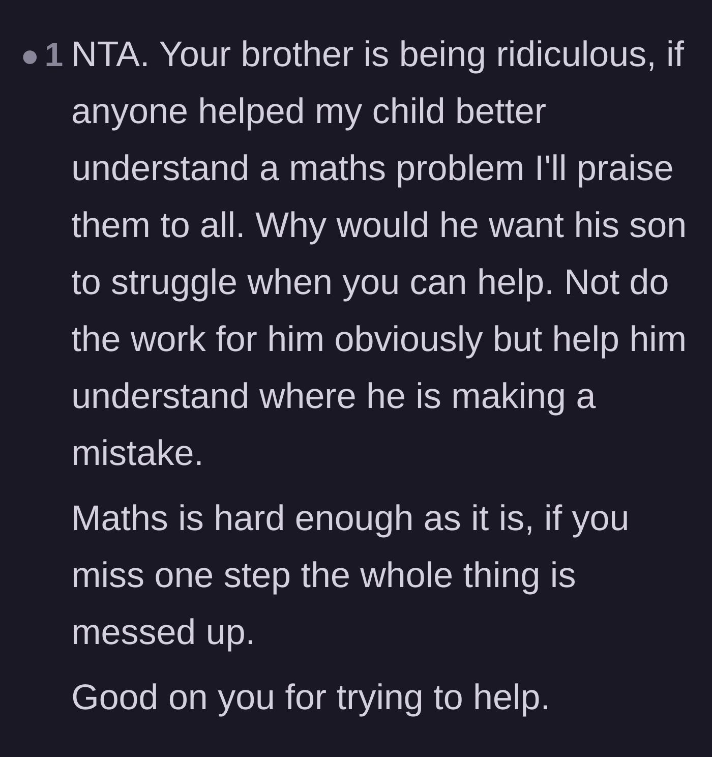 Comment thread 3 - A commenter praising the uncle for stepping in, noting how missing a single step in math ruins the whole equation.