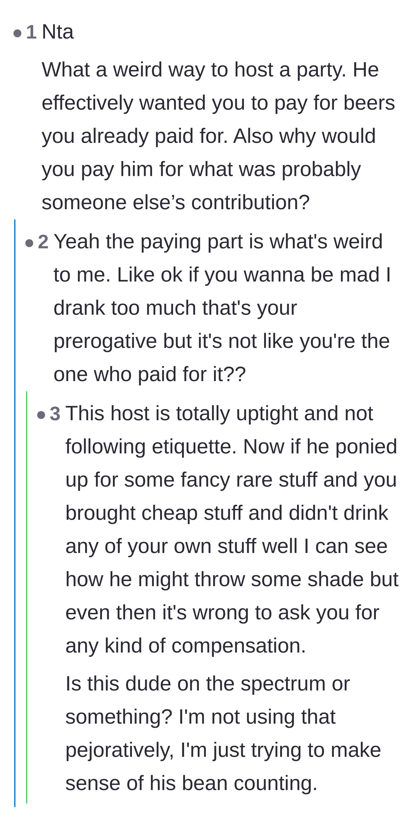 Comment thread 6 - The original poster chimes in to agree that paying the host makes zero sense since he didn't buy the drinks.