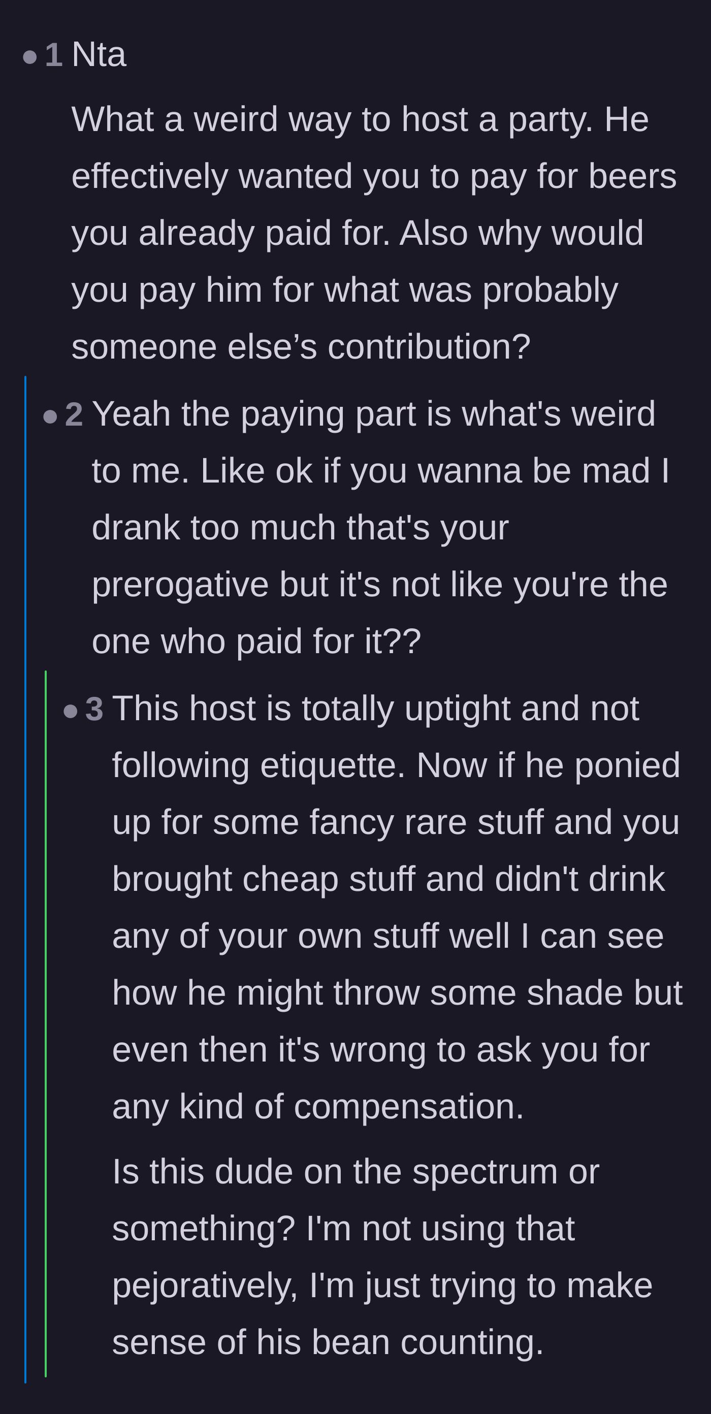 Comment thread 6 - The original poster chimes in to agree that paying the host makes zero sense since he didn't buy the drinks.