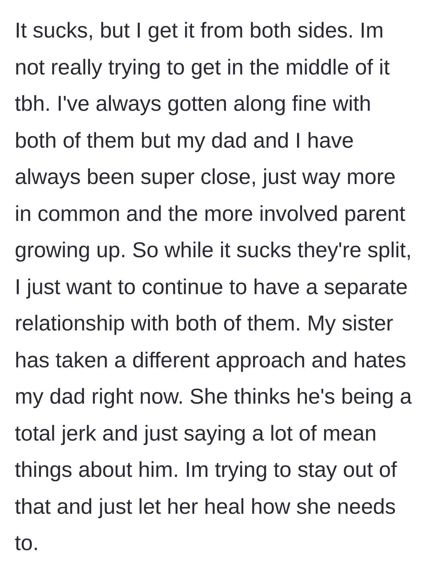 Story part 3 - Son remains neutral, valuing his close bond with his dad, while the sister becomes intensely hostile toward the father.