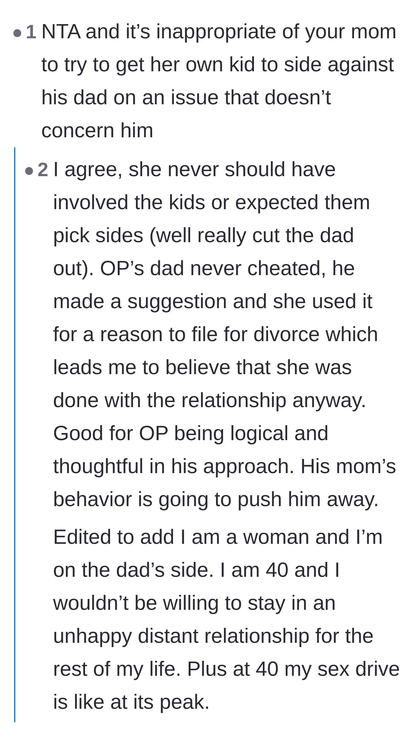 Comment thread 1 - Debate on whether asking for an open marriage counts as cheating and the mother's manipulation of the narrative.