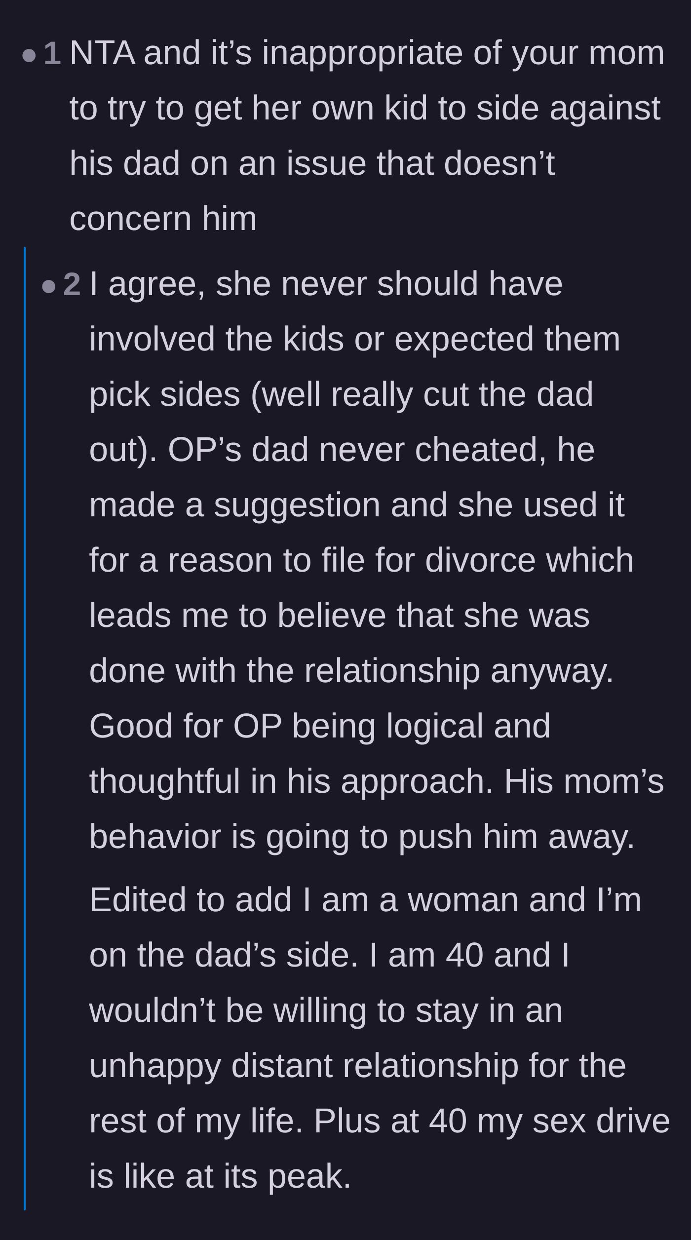 Comment thread 1 - Debate on whether asking for an open marriage counts as cheating and the mother's manipulation of the narrative.