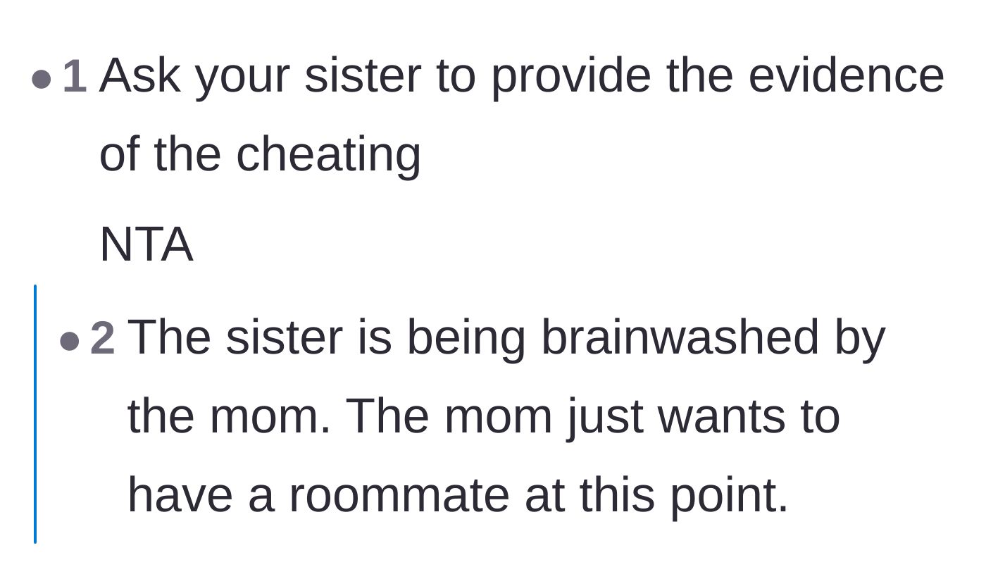 Comment thread 2 - Advice on confronting the sister to demand actual proof of the alleged infidelity.