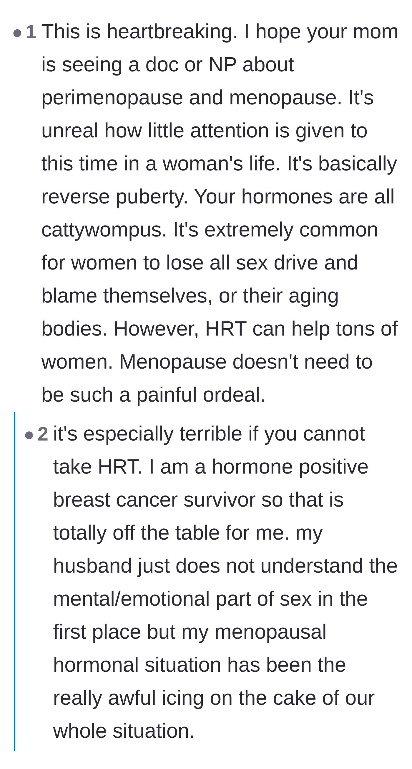 Comment thread 5 - Conversations about the brutal reality of menopause, hormonal changes, and the medical system's failures.