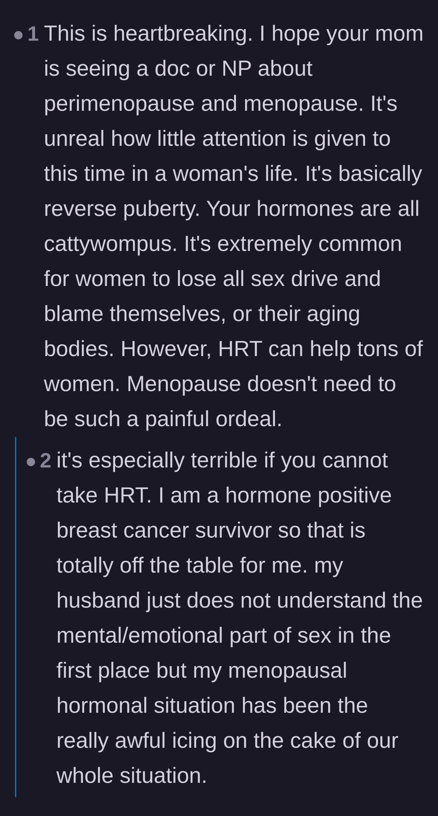 Comment thread 5 - Conversations about the brutal reality of menopause, hormonal changes, and the medical system's failures.