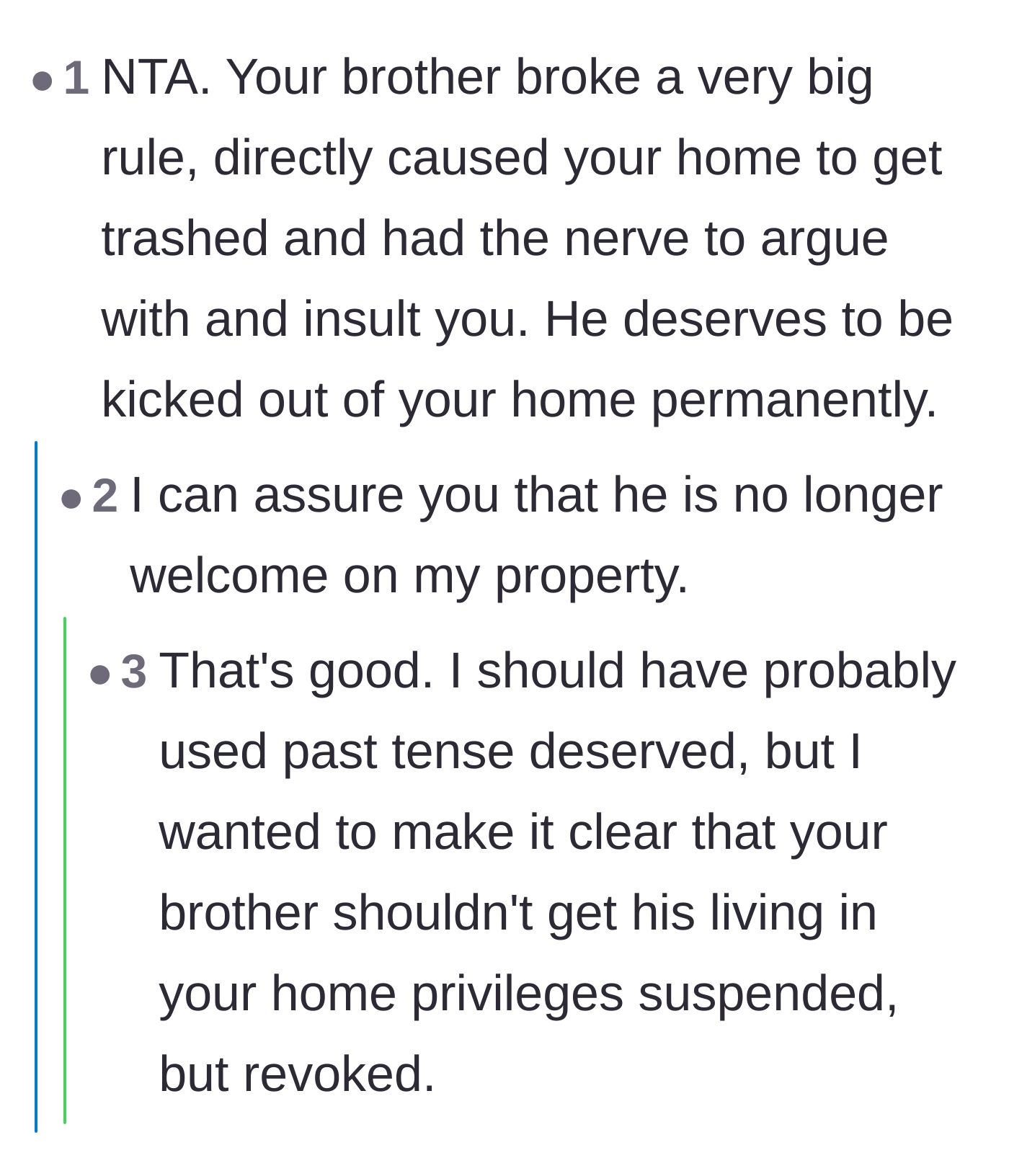 Comment thread 6 - Validation that the brother's eviction should be a permanent revocation of his privileges.