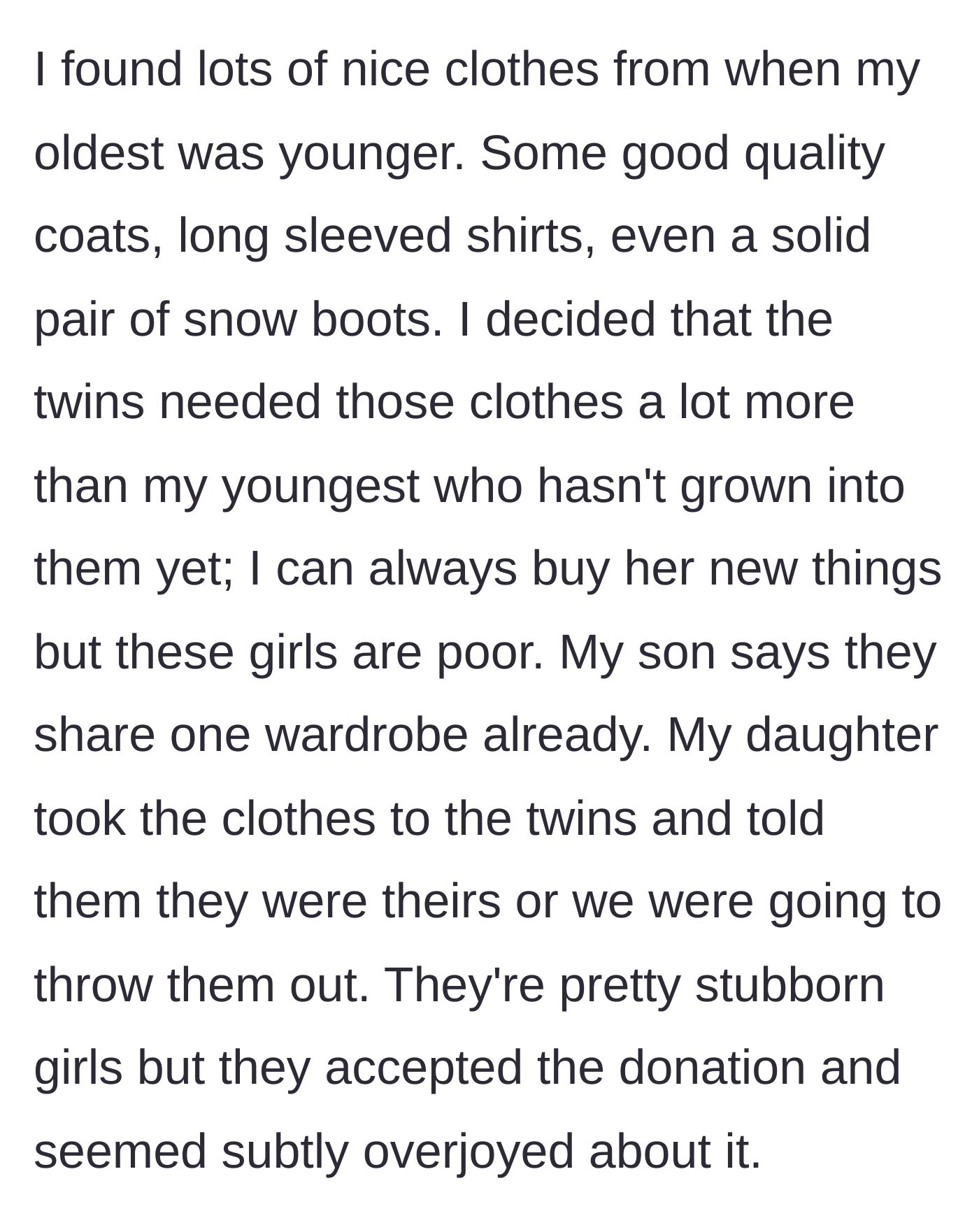 Story part 3 - The family gathers high-quality winter clothes and gives them to the twins, framing it as a casual giveaway to save their pride, and the girls accept happily.
