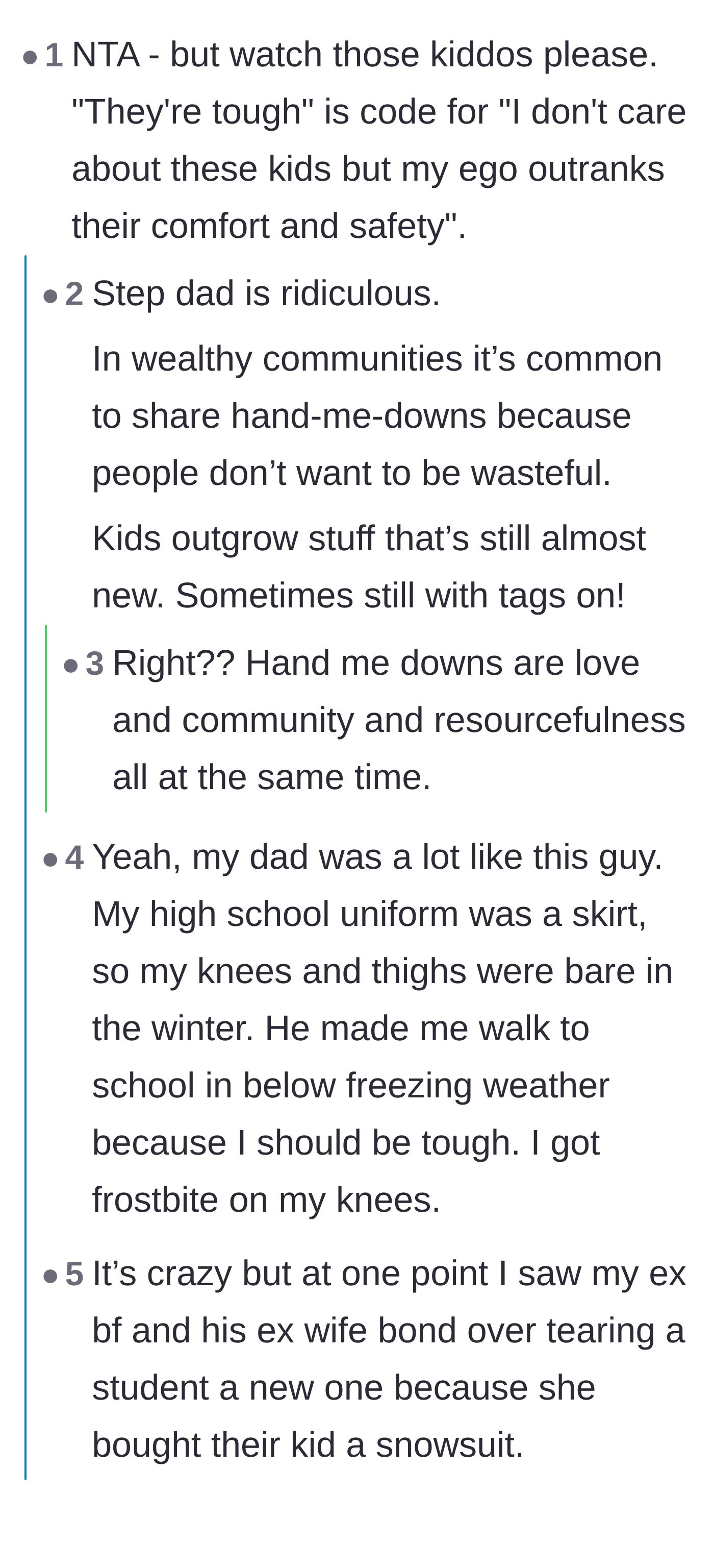 Comment thread 1 - Commenters discuss how 'toughness' is just an excuse for neglect and share heartwarming stories about communities happily trading hand-me-downs.
