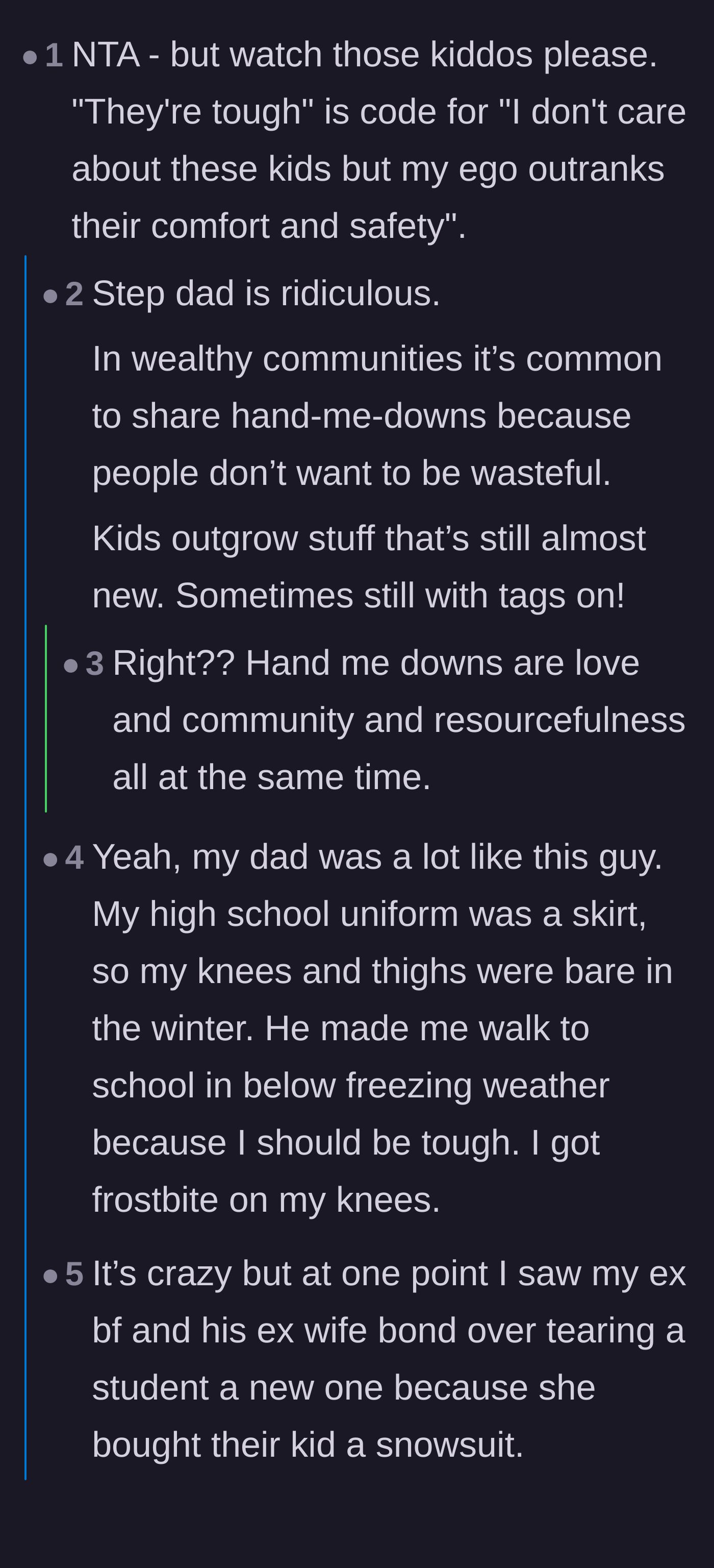 Comment thread 1 - Commenters discuss how 'toughness' is just an excuse for neglect and share heartwarming stories about communities happily trading hand-me-downs.