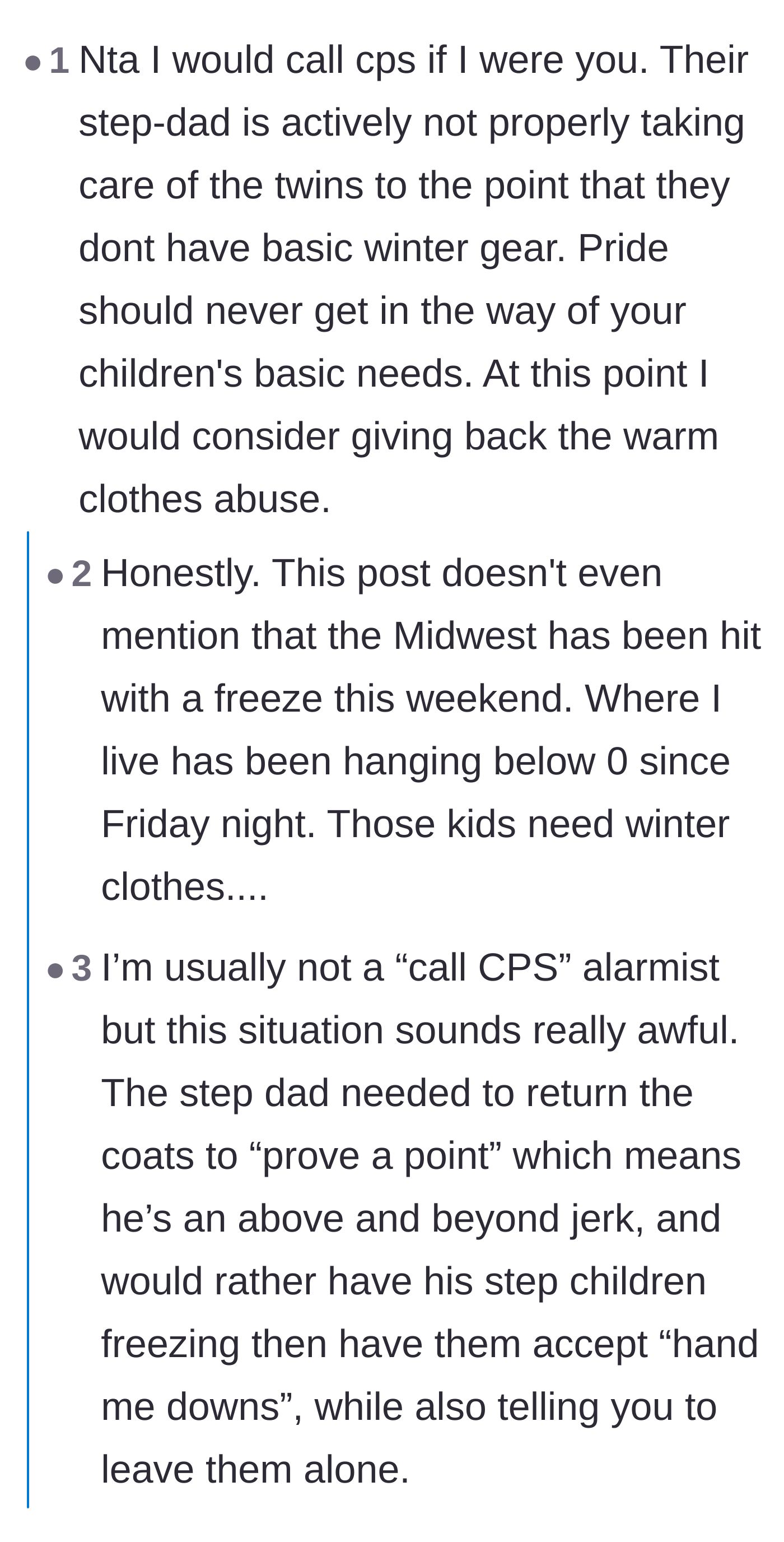 Comment thread 2 - A discussion urging the mom to call CPS because withholding winter coats during a Midwest freeze crosses the line into abuse.