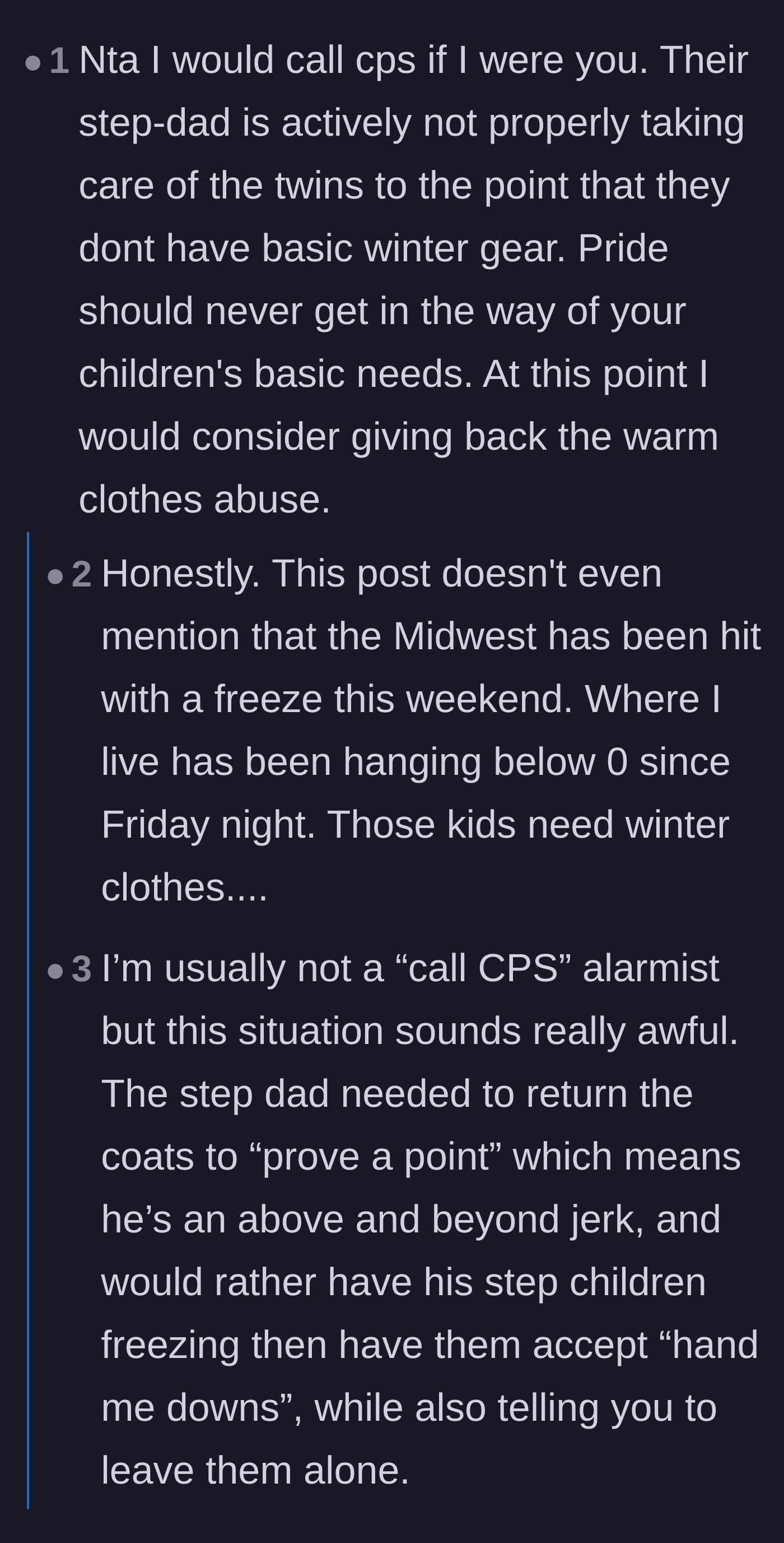 Comment thread 2 - A discussion urging the mom to call CPS because withholding winter coats during a Midwest freeze crosses the line into abuse.