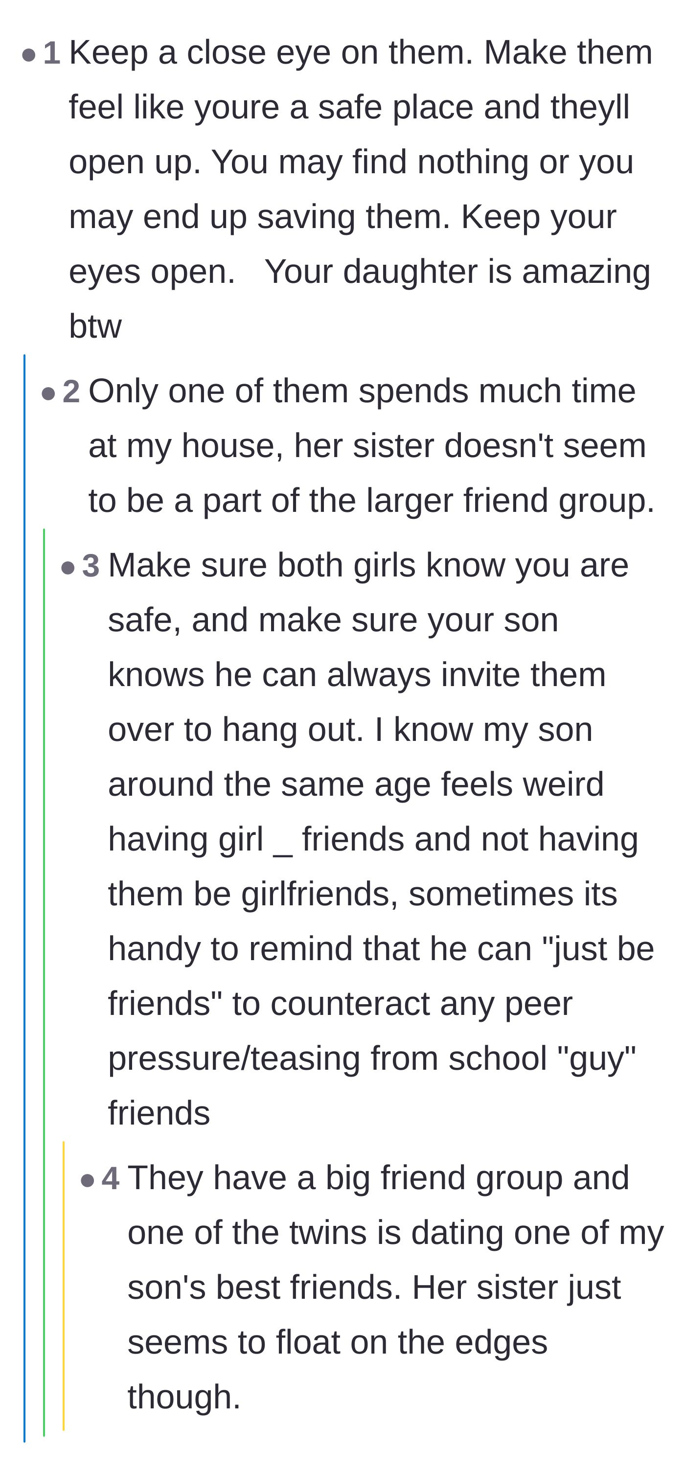 Comment thread 4 - The author reveals in the comments that one of the twins is isolated and struggling to adjust, prompting readers to offer support strategies.