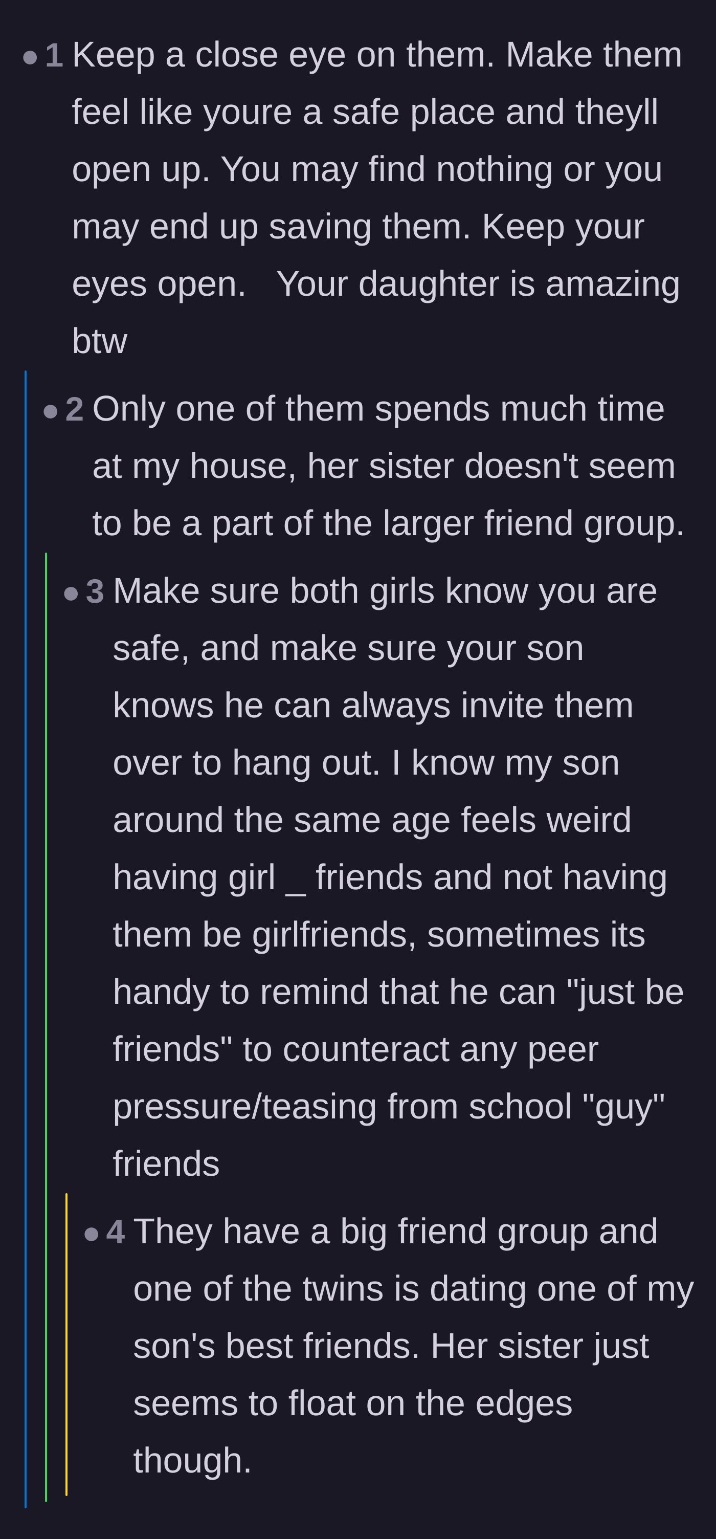 Comment thread 4 - The author reveals in the comments that one of the twins is isolated and struggling to adjust, prompting readers to offer support strategies.