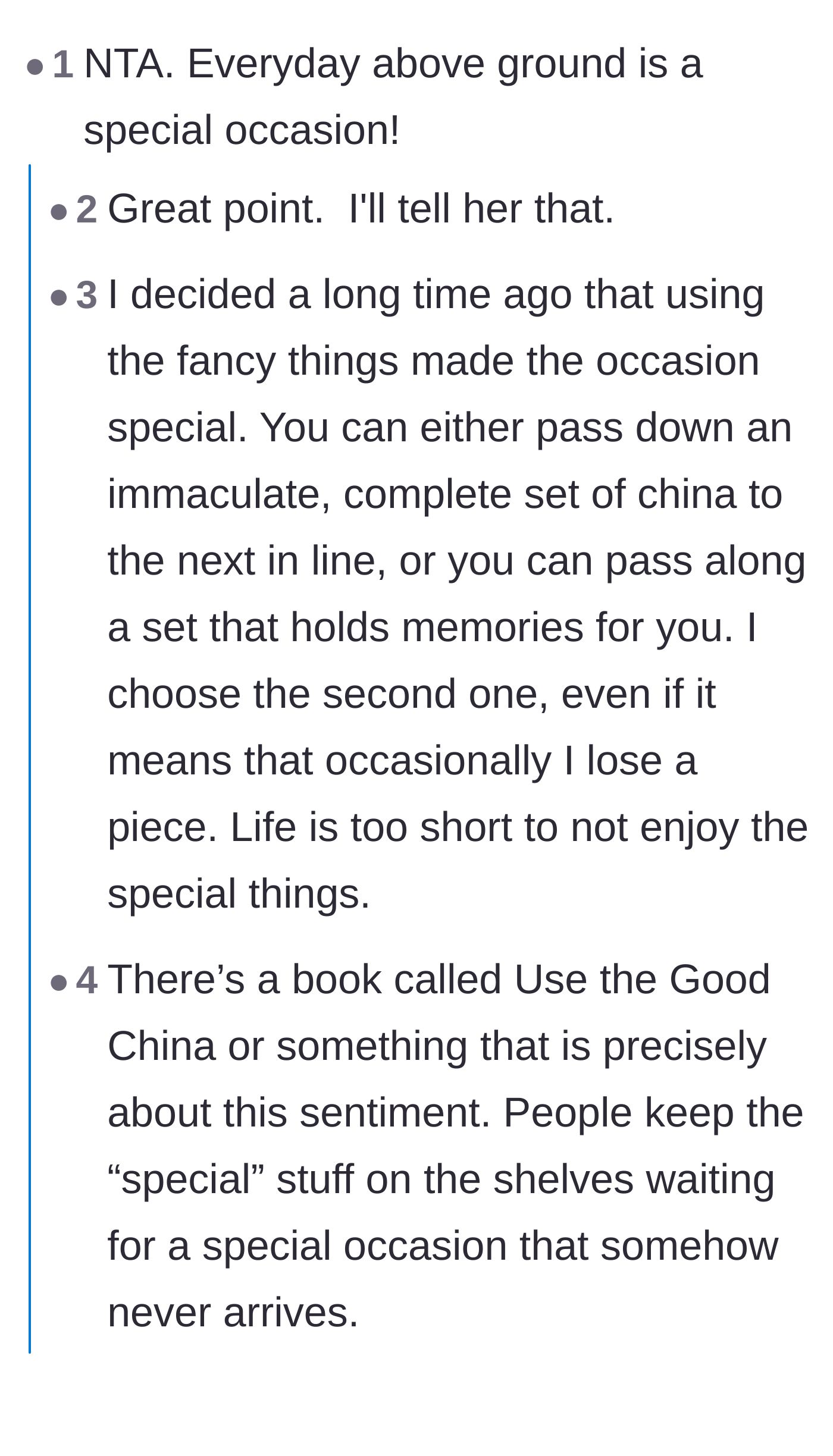 Comment thread 1 - A discussion on romanticizing the mundane and the generational divide over inheriting useless china.