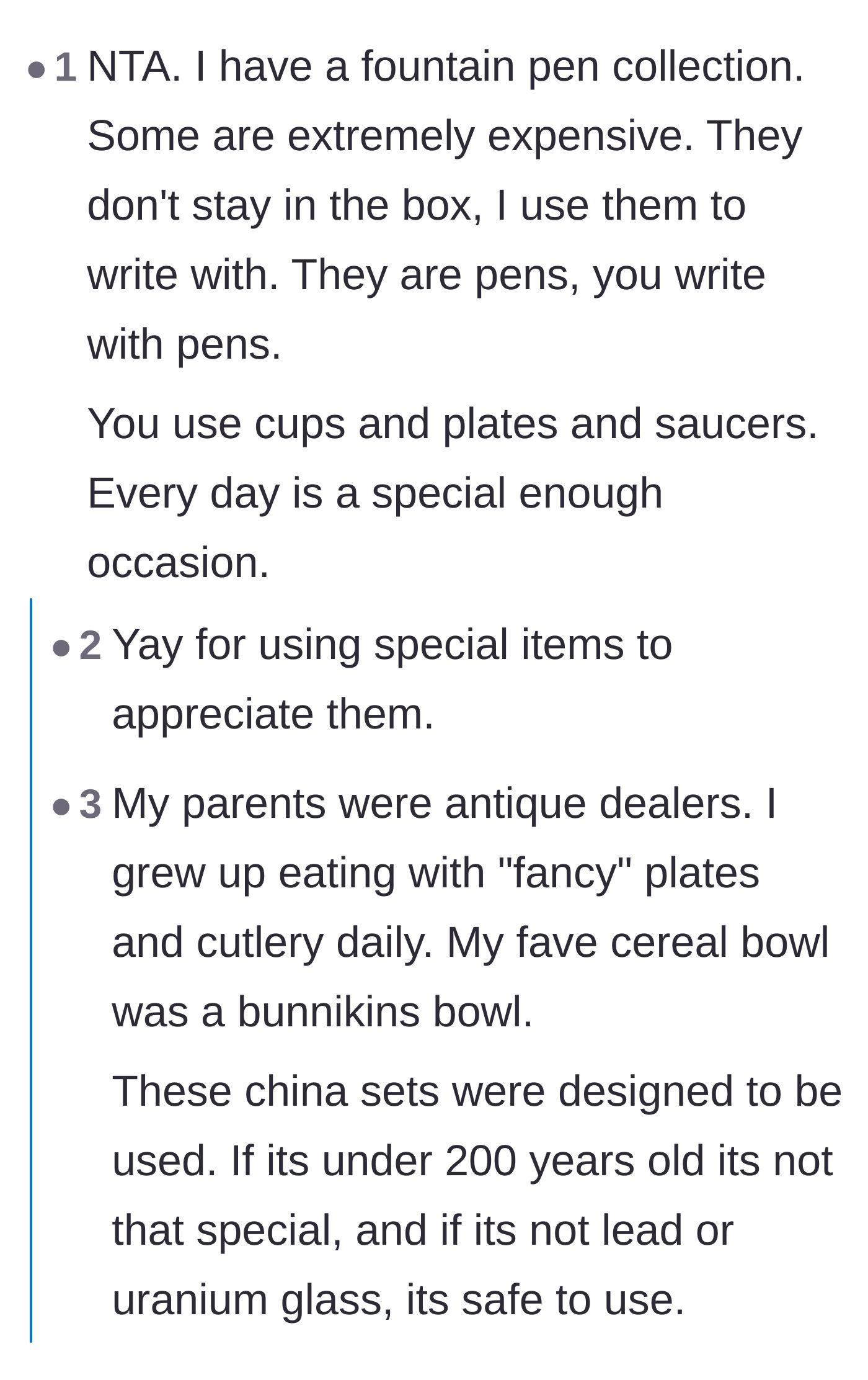 Comment thread 2 - Readers share stories of using expensive fountain pens and the 'lavender soap theory' of not postponing joy.