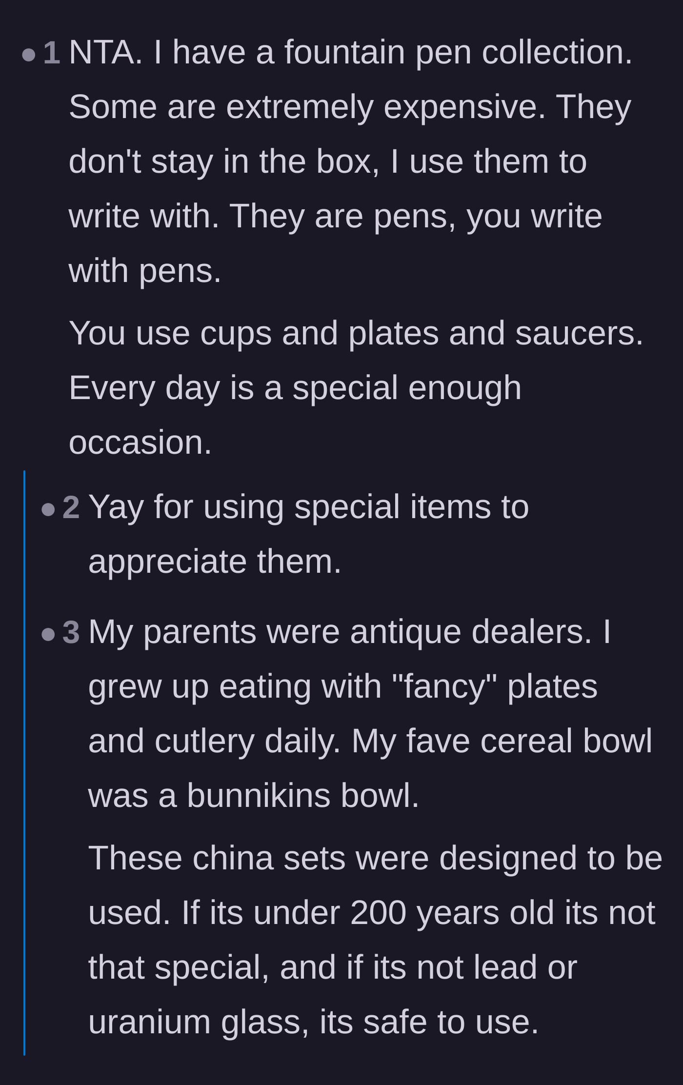 Comment thread 2 - Readers share stories of using expensive fountain pens and the 'lavender soap theory' of not postponing joy.