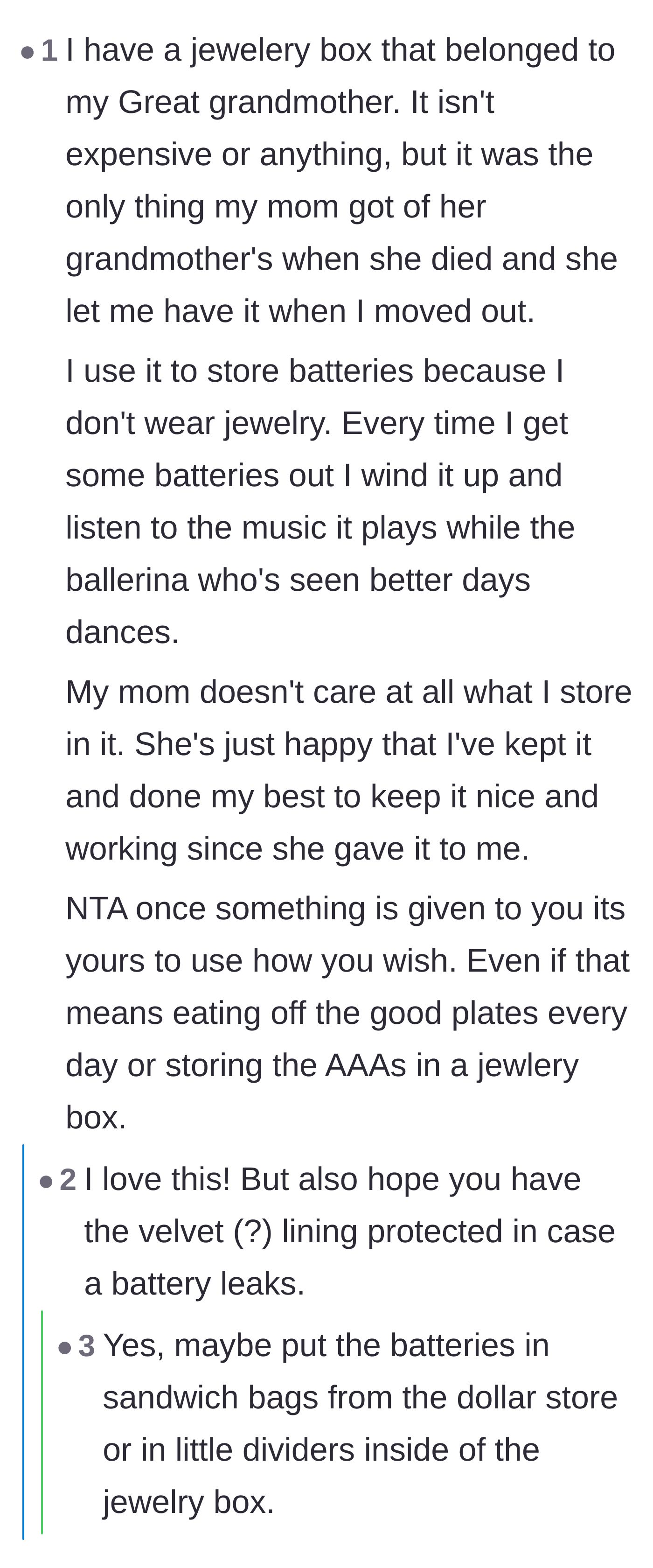 Comment thread 5 - A commenter shares a wholesome story about storing AA batteries in a great-grandmother's antique jewelry box.