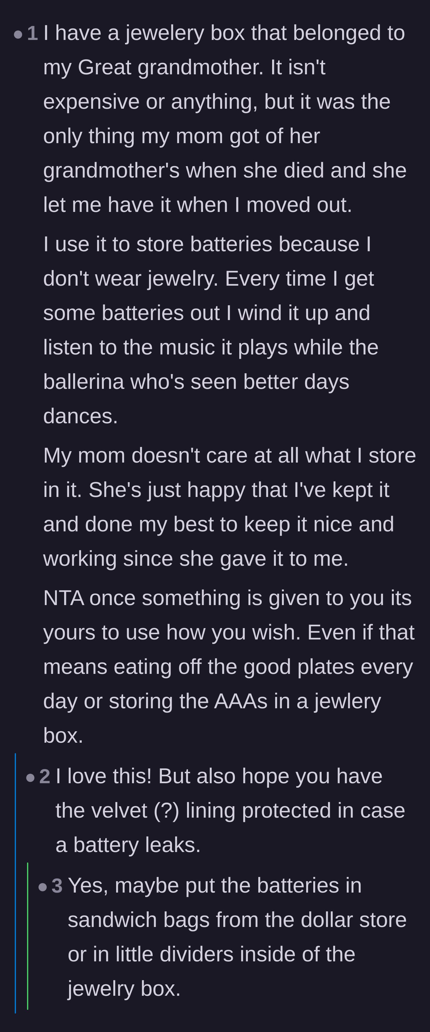 Comment thread 5 - A commenter shares a wholesome story about storing AA batteries in a great-grandmother's antique jewelry box.