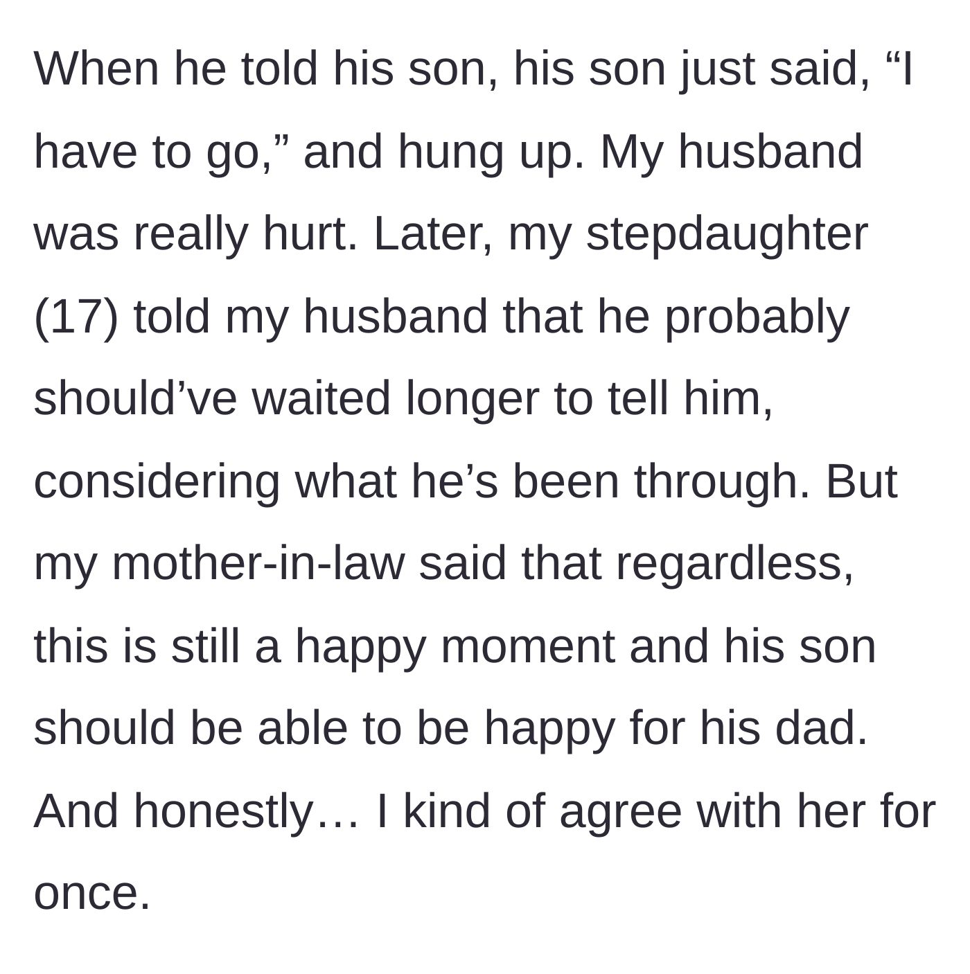 Story part 4 - The stepson abruptly hangs up upon hearing the news, leading to a divided family where the mother-in-law defends the father's right to celebrate.