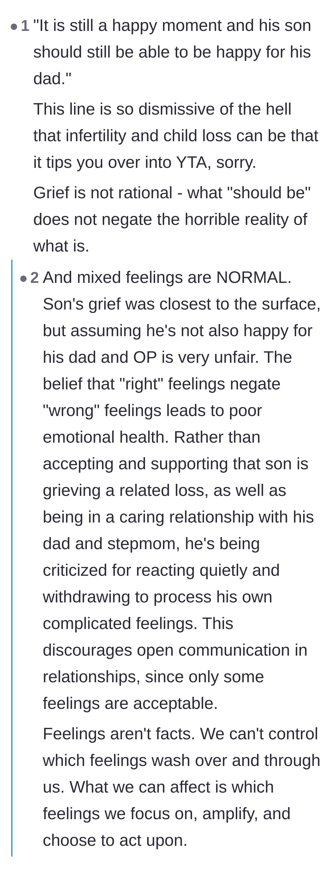 Comment thread 1 - Discussing how demanding joy invalidates the son's deep, complex grief.