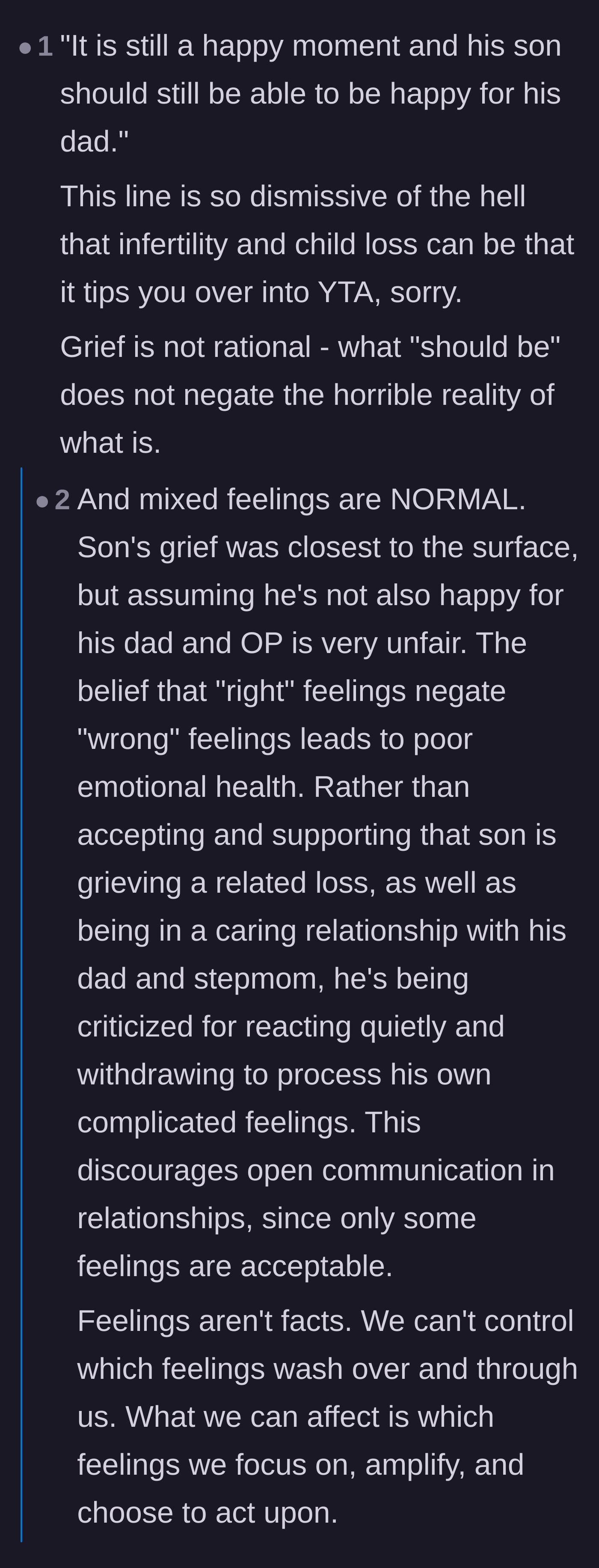 Comment thread 1 - Discussing how demanding joy invalidates the son's deep, complex grief.